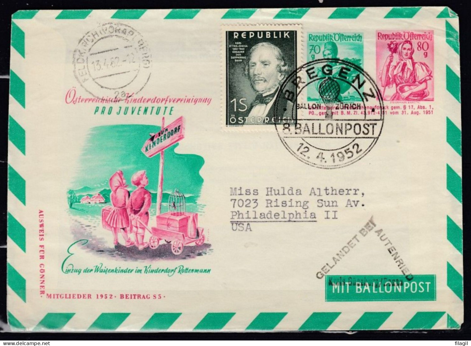 Brief Van Bregenz Ballonpost Naar Philadelphia USA - Andere & Zonder Classificatie