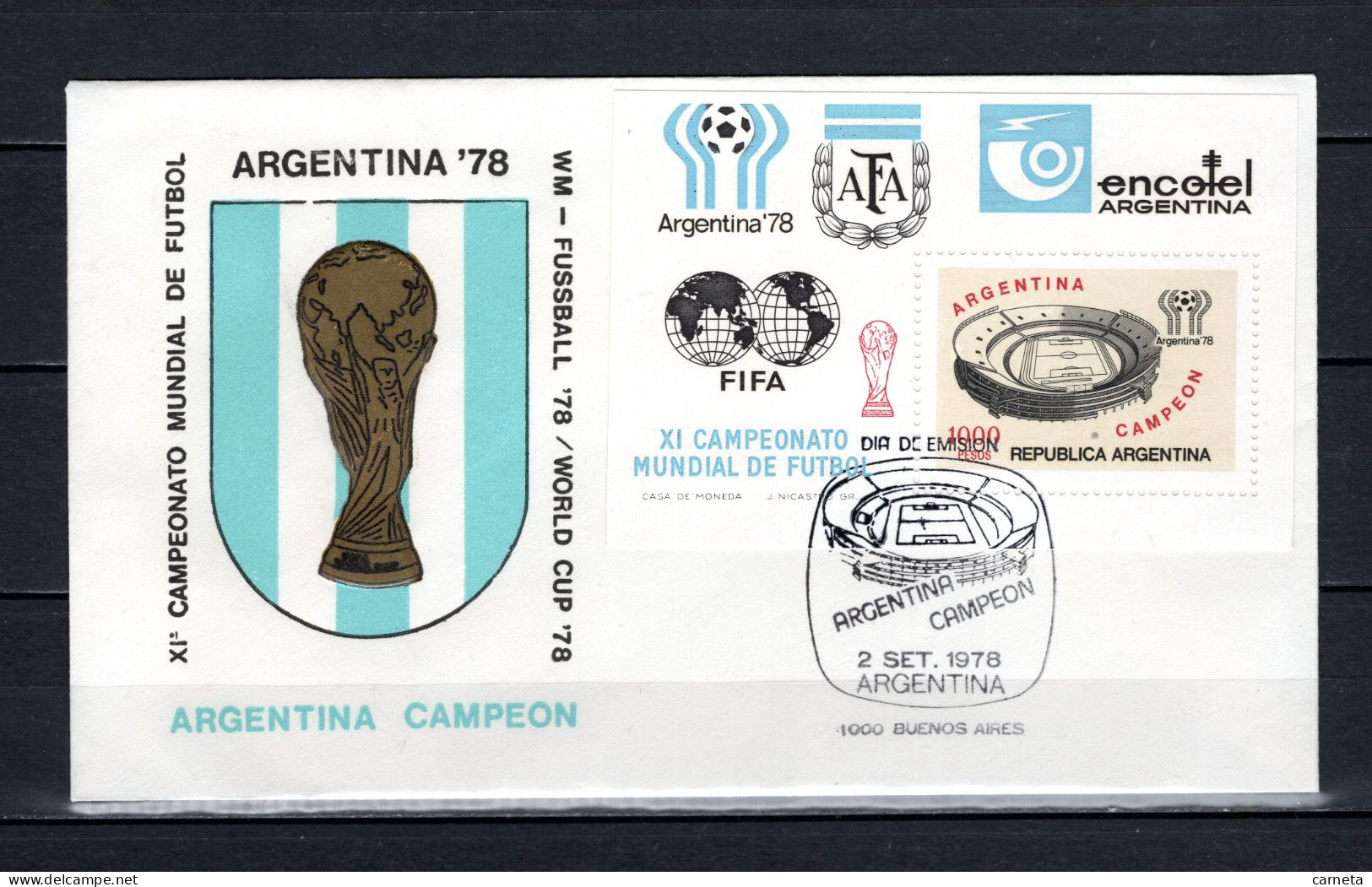 ARGENTINE BLOC N° 19  SUR ENVELOPPE   COTE ? €    FOOTBALL  STADE  SURCHARGE - Blocks & Sheetlets