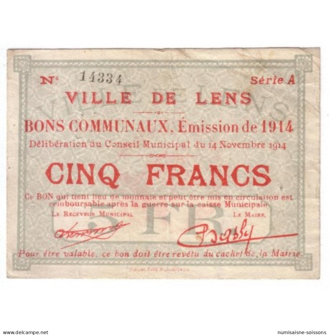 62300 - LENS - 5 FRANCS 14.11.1914 - TTB - Ohne Zuordnung