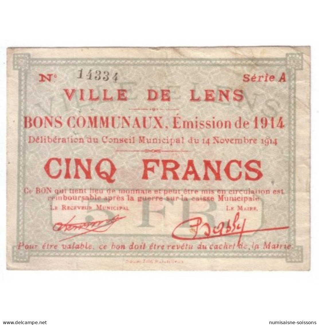 62300 - LENS - 5 FRANCS 14.11.1914 - TTB - Zonder Classificatie