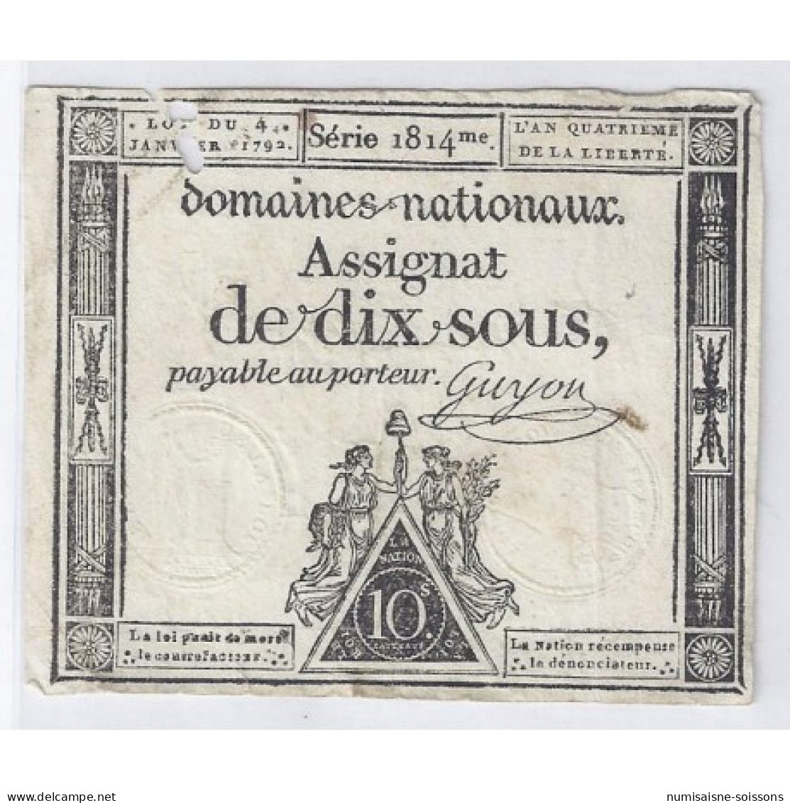 ASSIGNAT DE 10 SOUS - SERIE 1814 - 04/01/1792 - DOMAINES NATIONAUX - TTB - Assignate