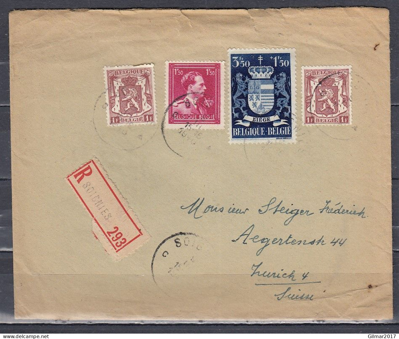 Aangetekende Brief Van Soignies Naar Zurich (Zwitserland) - 1935-1949 Kleines Staatssiegel