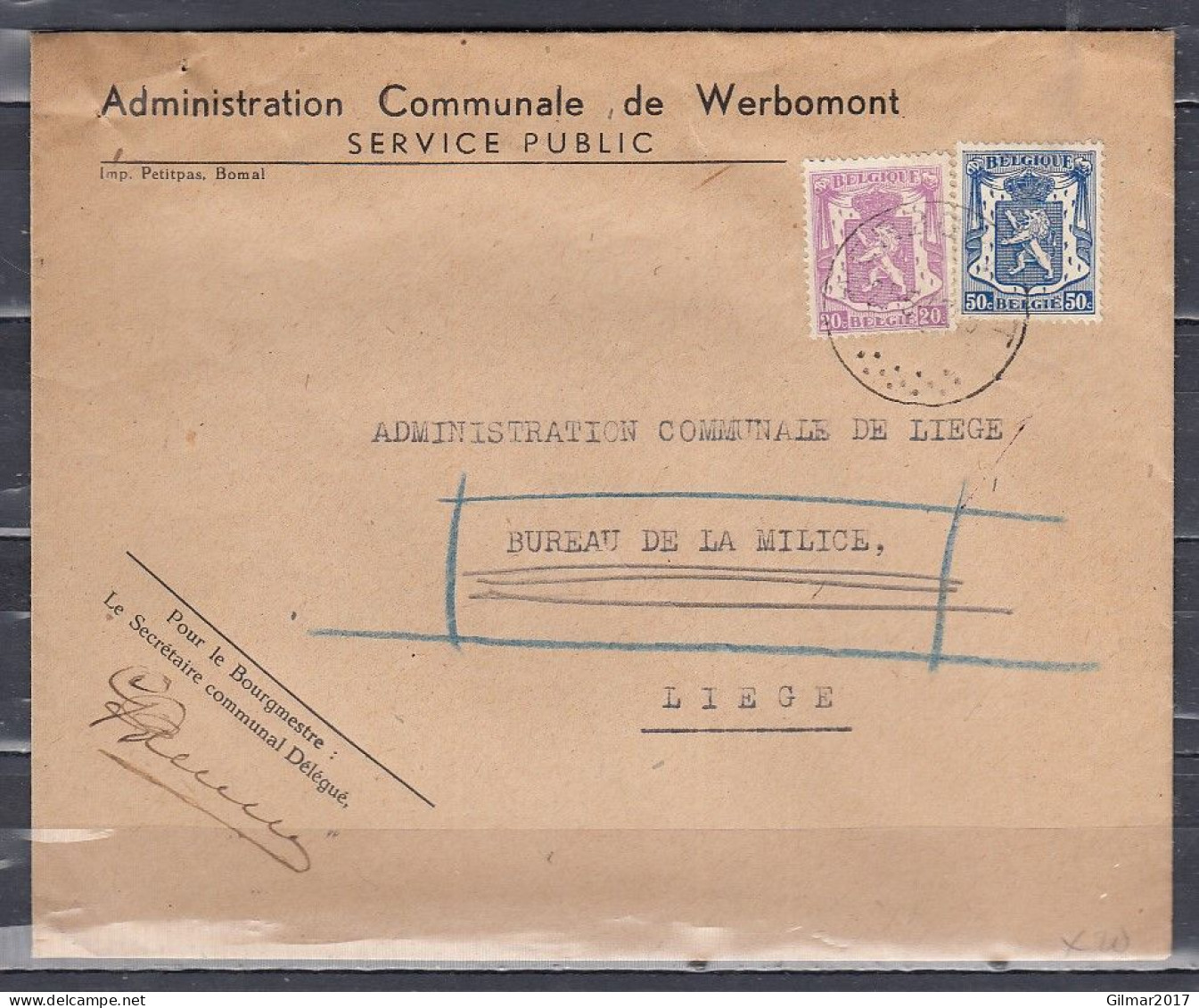 Brief Van Werbomont Naar Liege - 1935-1949 Small Seal Of The State