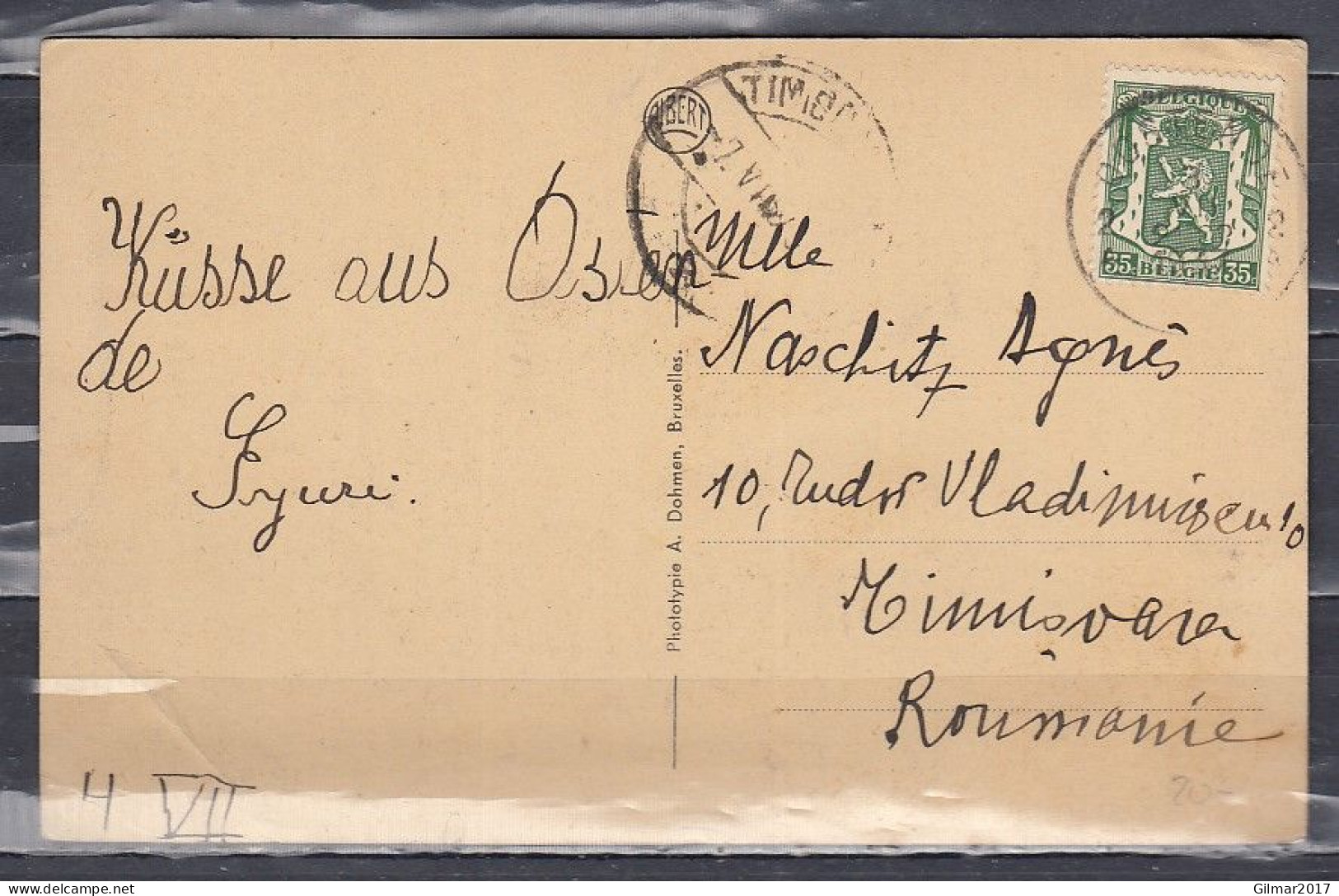 Postkaart Van Oostende 2 Naar Timisoara (Romenie) - 1935-1949 Small Seal Of The State