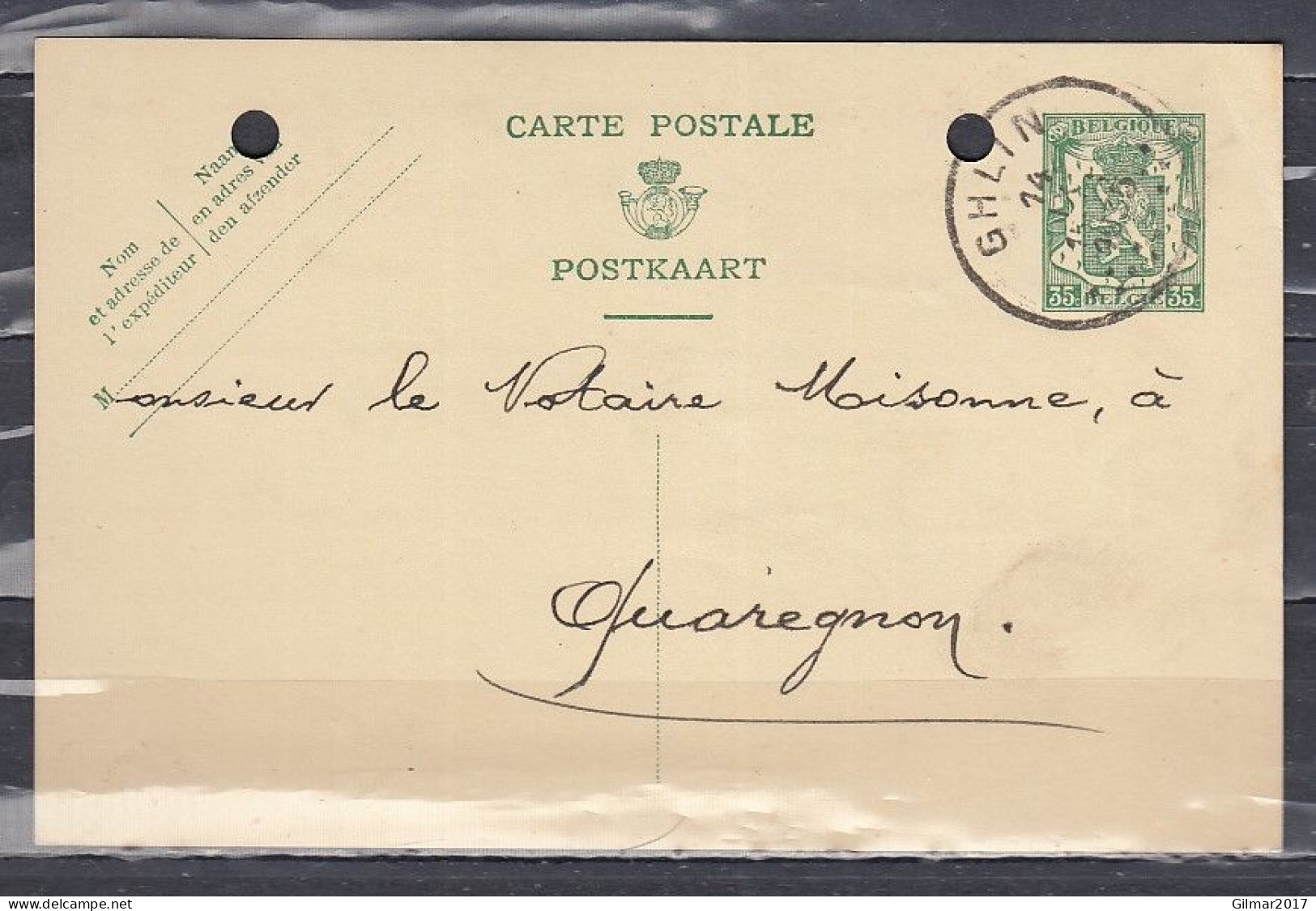 Postkaart Van Ghlin Naar Quaregnon - 1935-1949 Small Seal Of The State