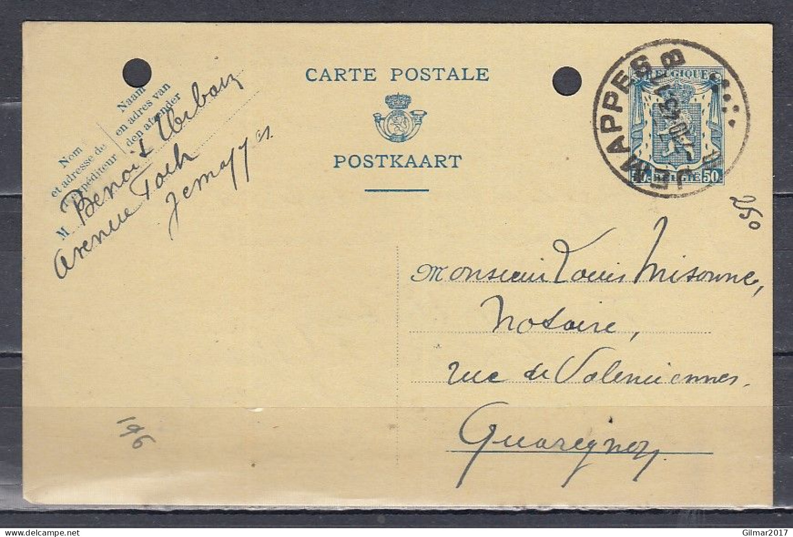 Postkaart Van Jemappes B Naar Quaregnon - 1935-1949 Klein Staatswapen