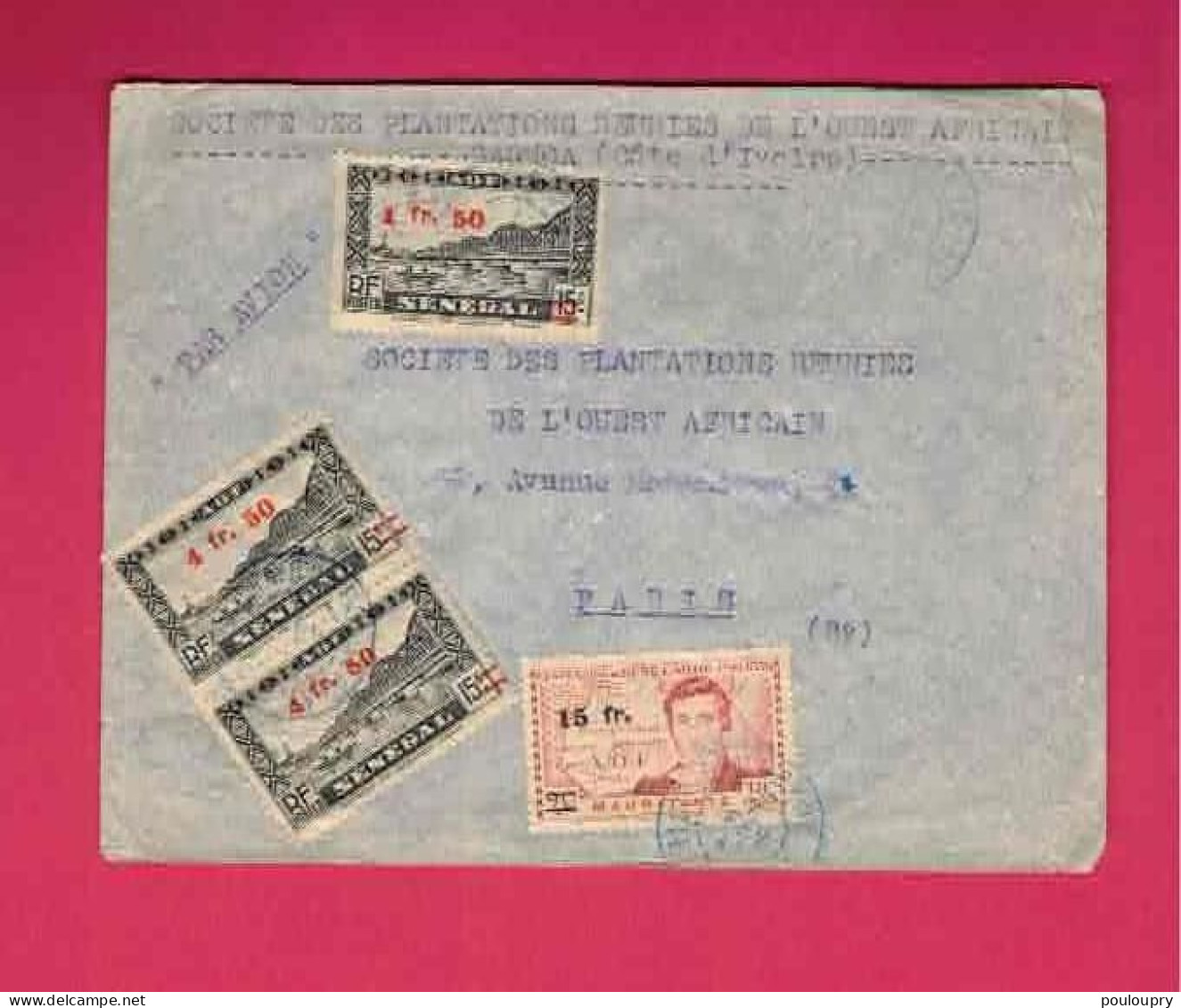 Lettre De Côte D'Ivoire De 1945 Pour La Frace - YT Sénégal N° 189, 191 En Paire Et Mauritanie N° 137 - René Caillé - Storia Postale