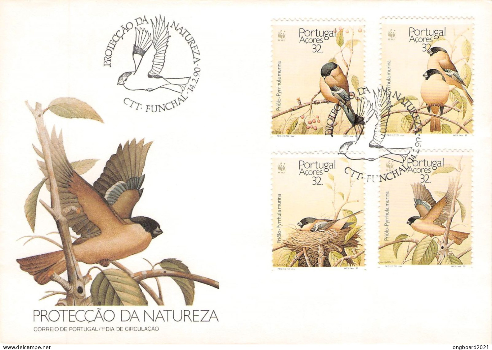 AZORES - FDC 1990 WWF - PYRRHULA MURINA / 4093 - Azoren