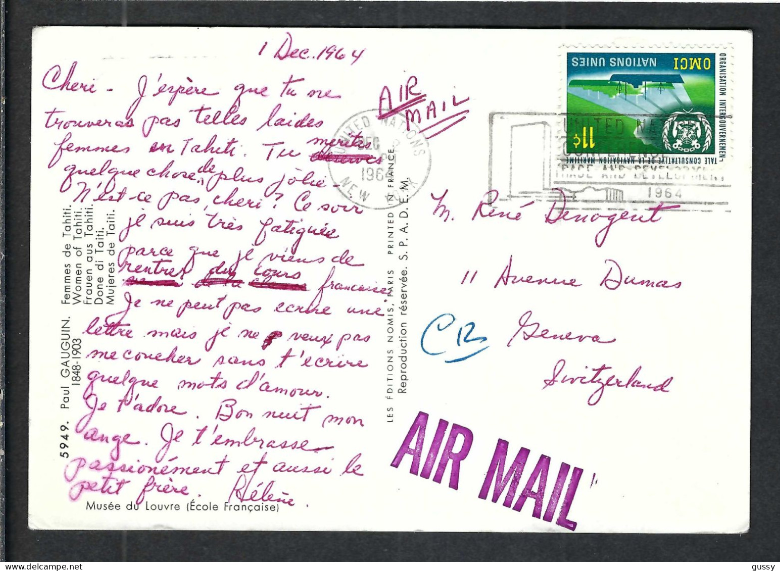 NATIONS UNIES Ca.1964: CP Ill. De New York à Genève (Suisse) - Storia Postale