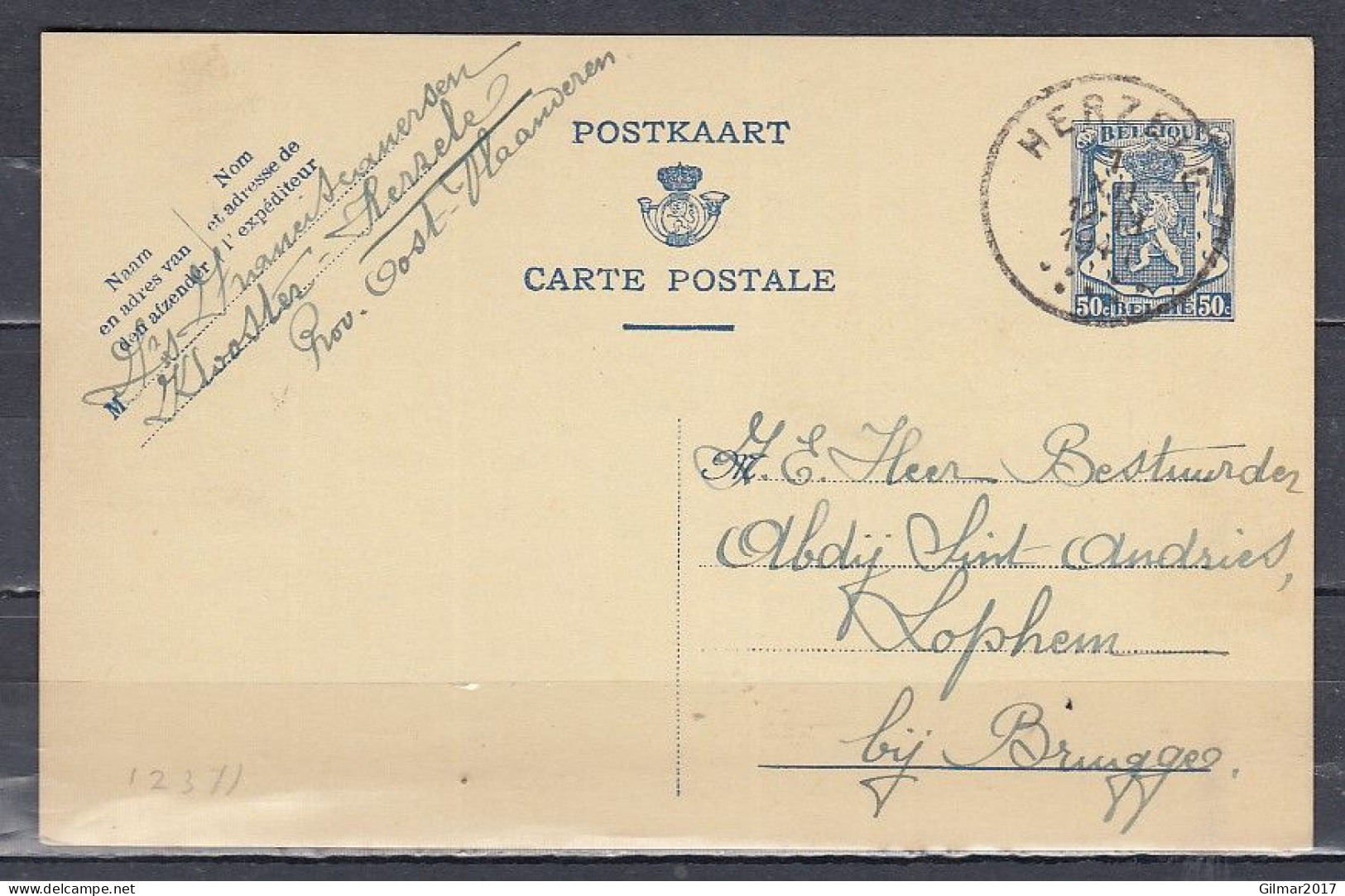 Postkaart Van Herzele Naar Lophem - 1935-1949 Small Seal Of The State