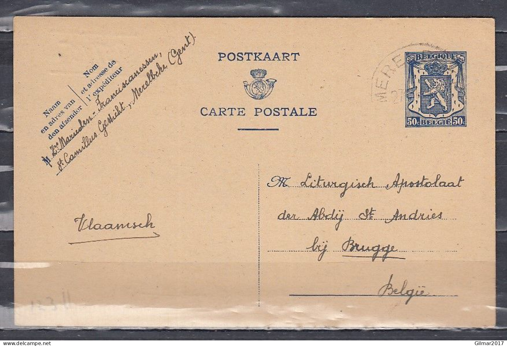 Postkaart Van Merelbeke Naar Brugge - 1935-1949 Small Seal Of The State