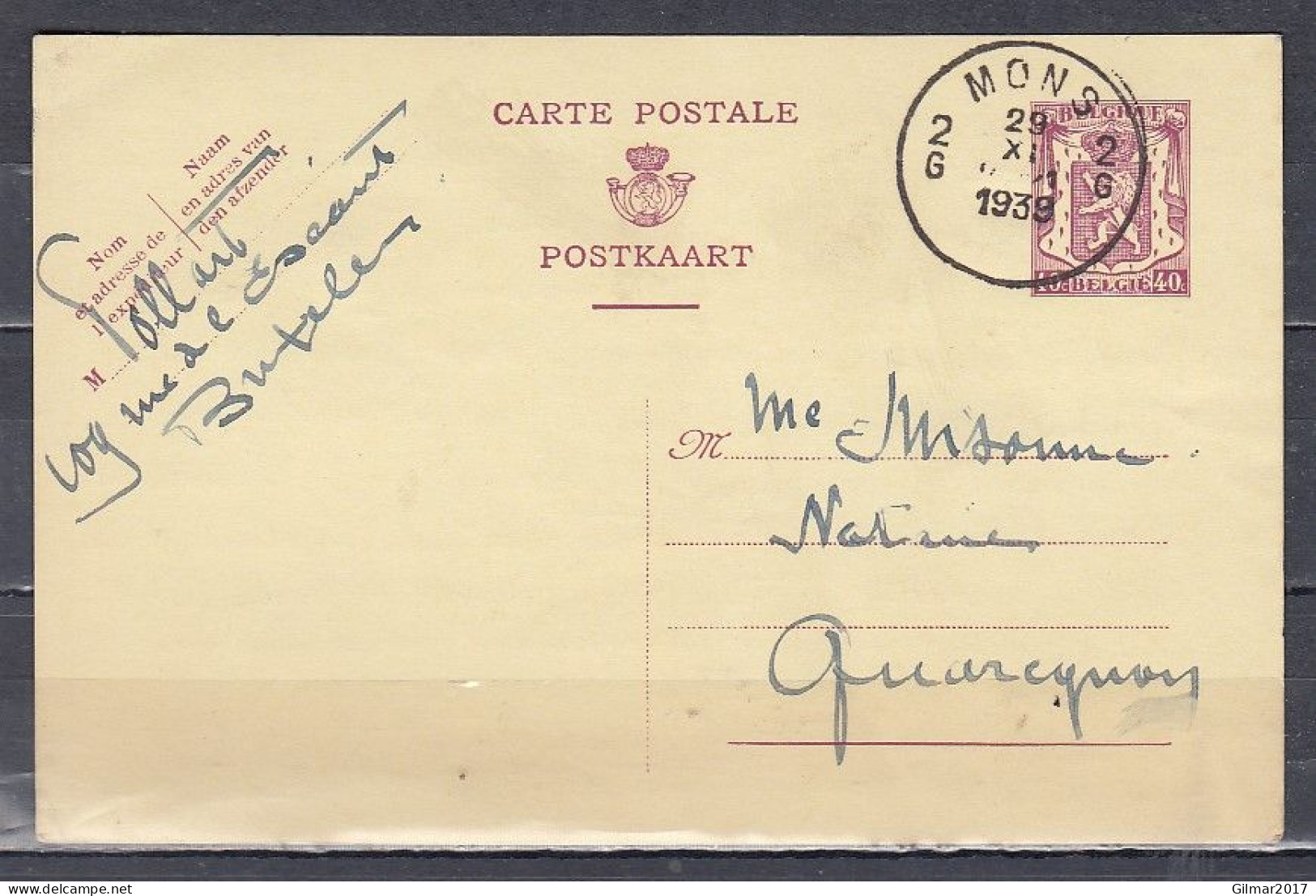 Postkaart Van Mons 2G Naar Quaregnon - 1935-1949 Small Seal Of The State