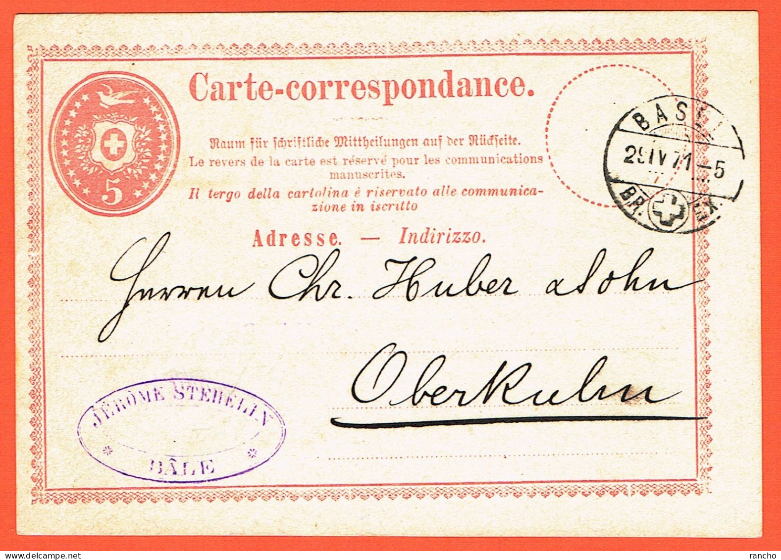 SUISSE . CARTE-CORRESPONDANCE . OBLITERE . BALE .29.4.1871. Pour . OBERTRULIN . - Entiers Postaux