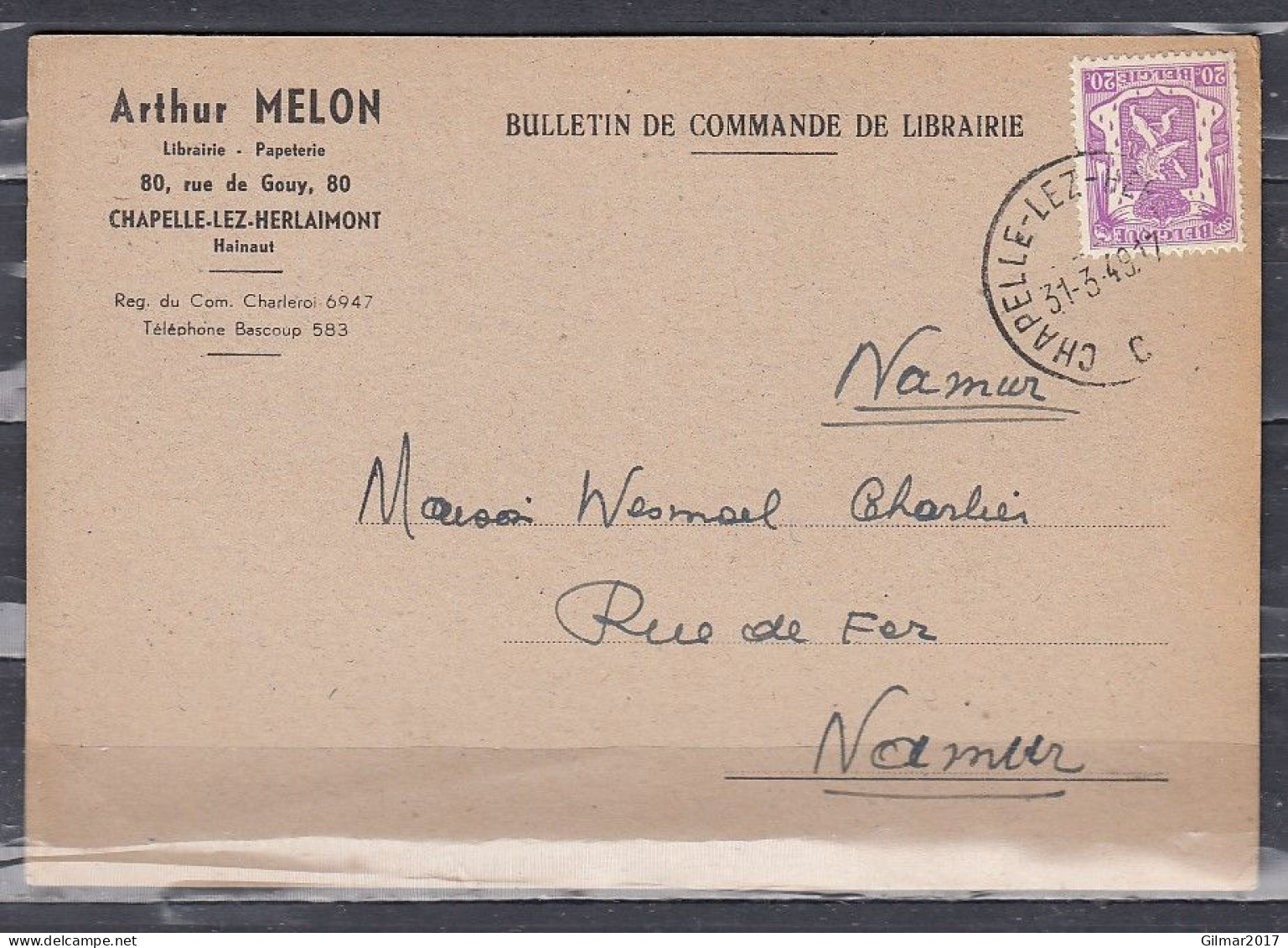 Kaart Van Chapelle-Lez-Herlaimont C Naar Namur - 1935-1949 Small Seal Of The State