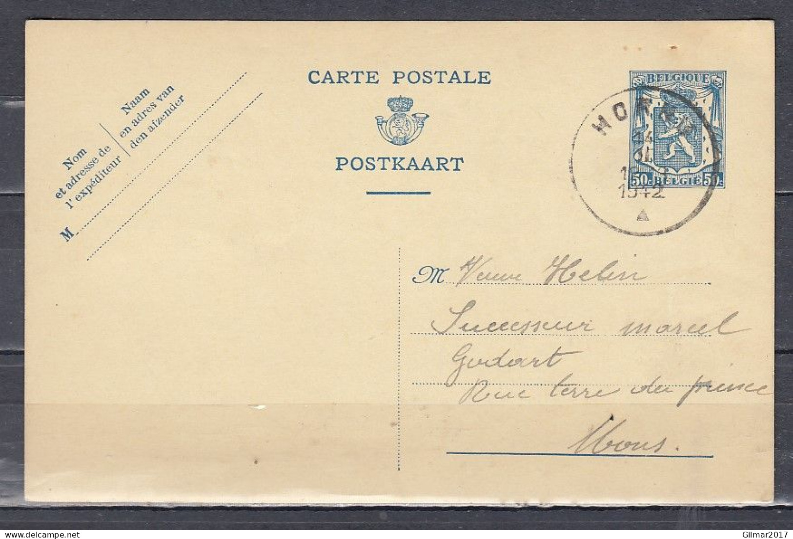 Postkaart Van Hornu Naar Mons - 1935-1949 Klein Staatswapen