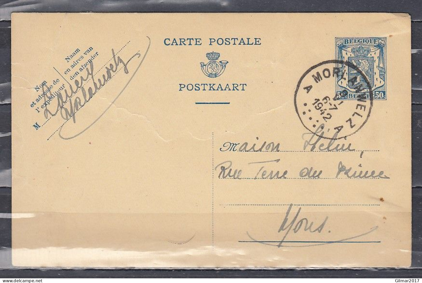 Postkaart Van Morlanwelz A Naar Mons - 1935-1949 Klein Staatswapen