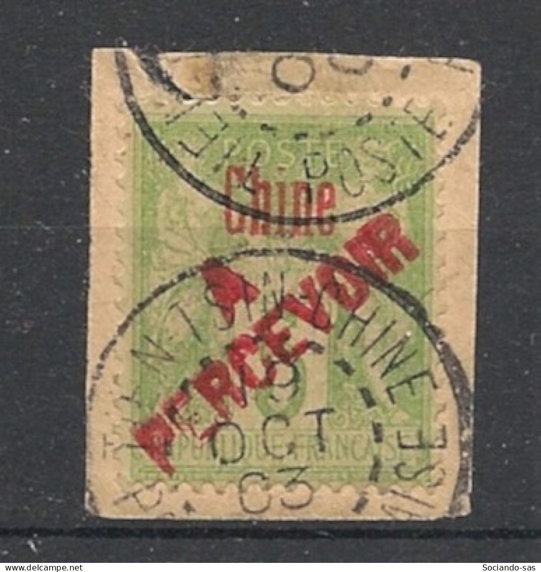 CHINE - 1903 - N°YT. 13 - Type Sage 5c Vert-jaune - Oblitéré / Used - Sur Fragment - Impuestos