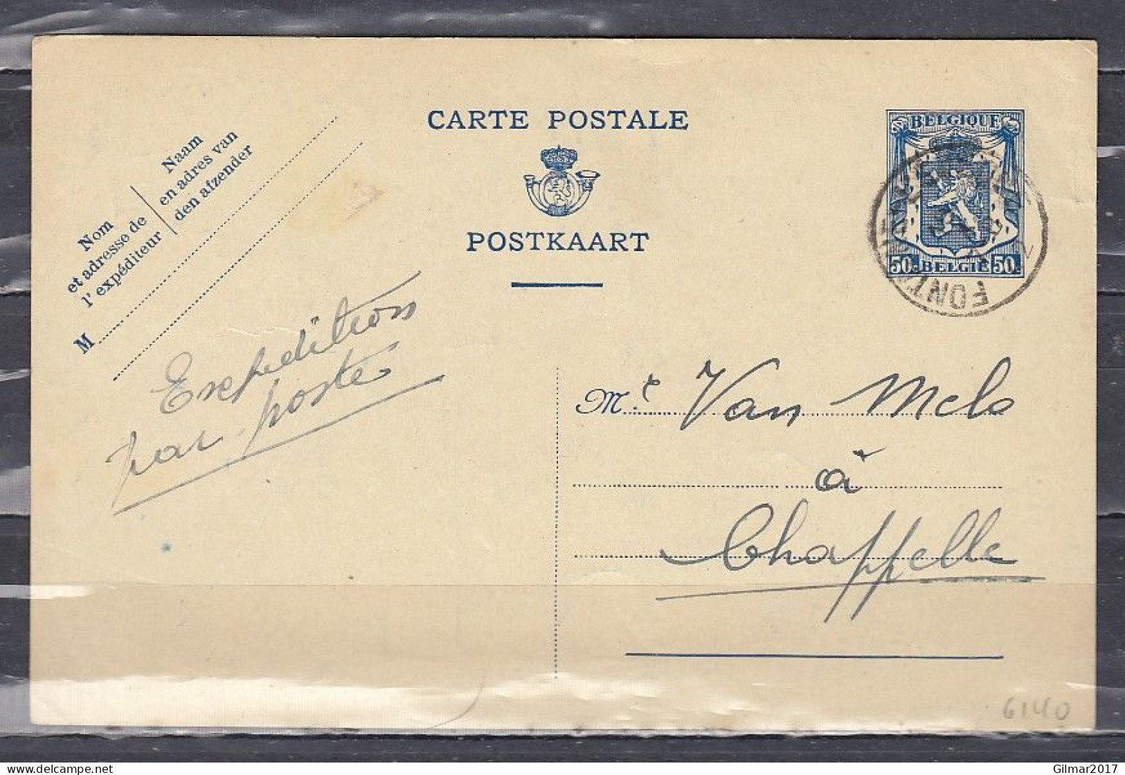 Postkaart Van Fontaine L'Eveque Naar Chappelle - 1935-1949 Klein Staatswapen