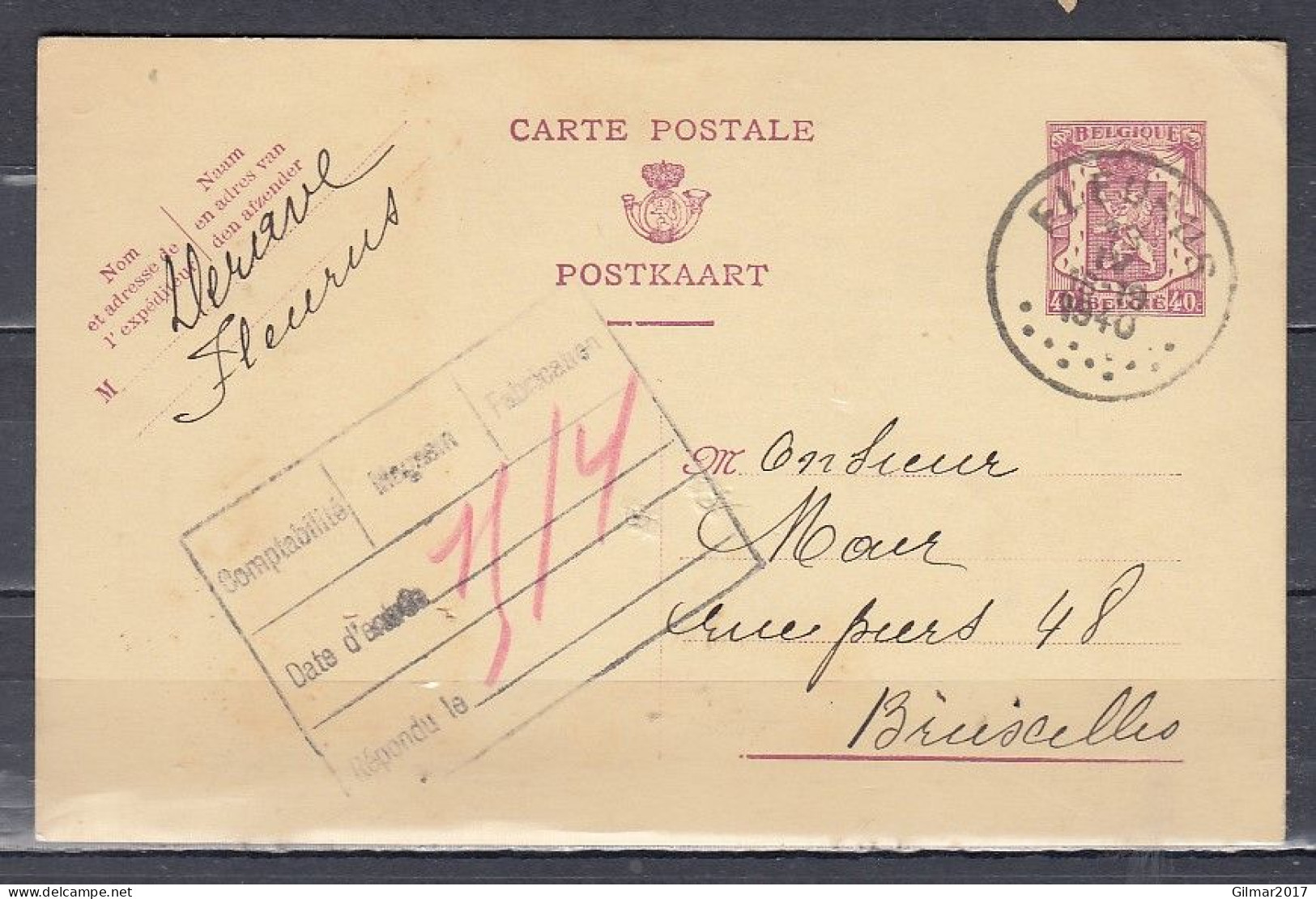 Postkaart Van Fleurus Naar Bruxelles - 1935-1949 Kleines Staatssiegel