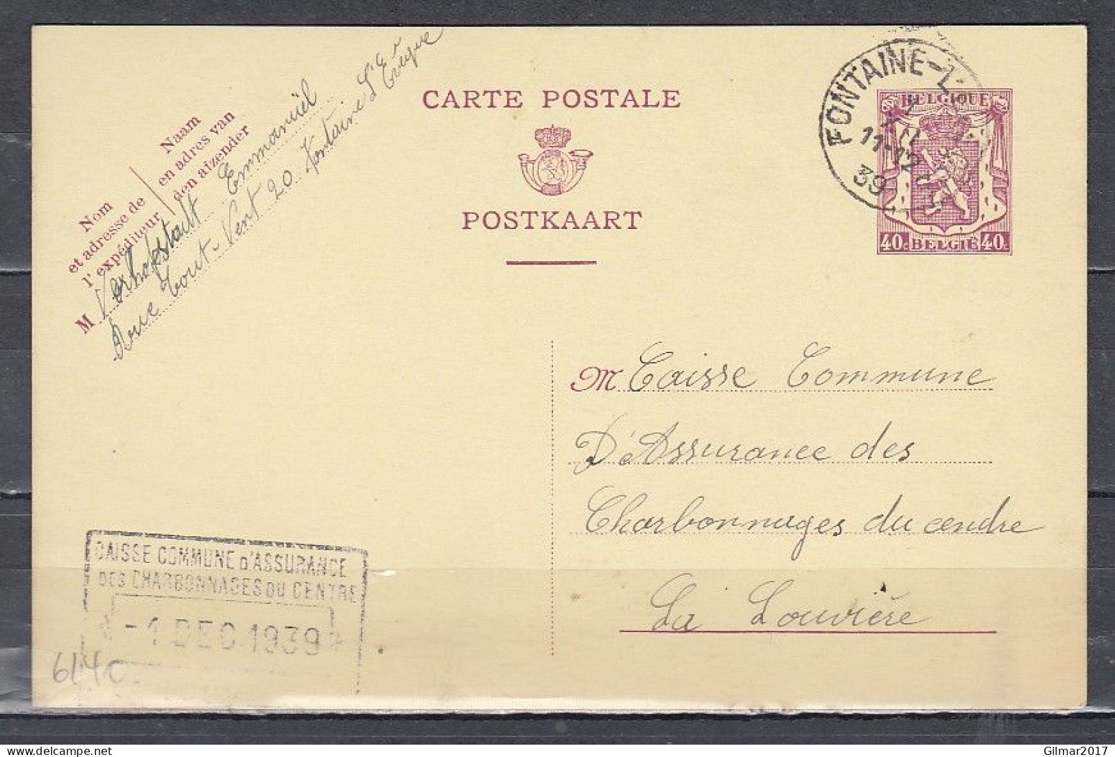 Postkaart Van Fontaine L'Eveque Naar La Louviere - 1935-1949 Small Seal Of The State