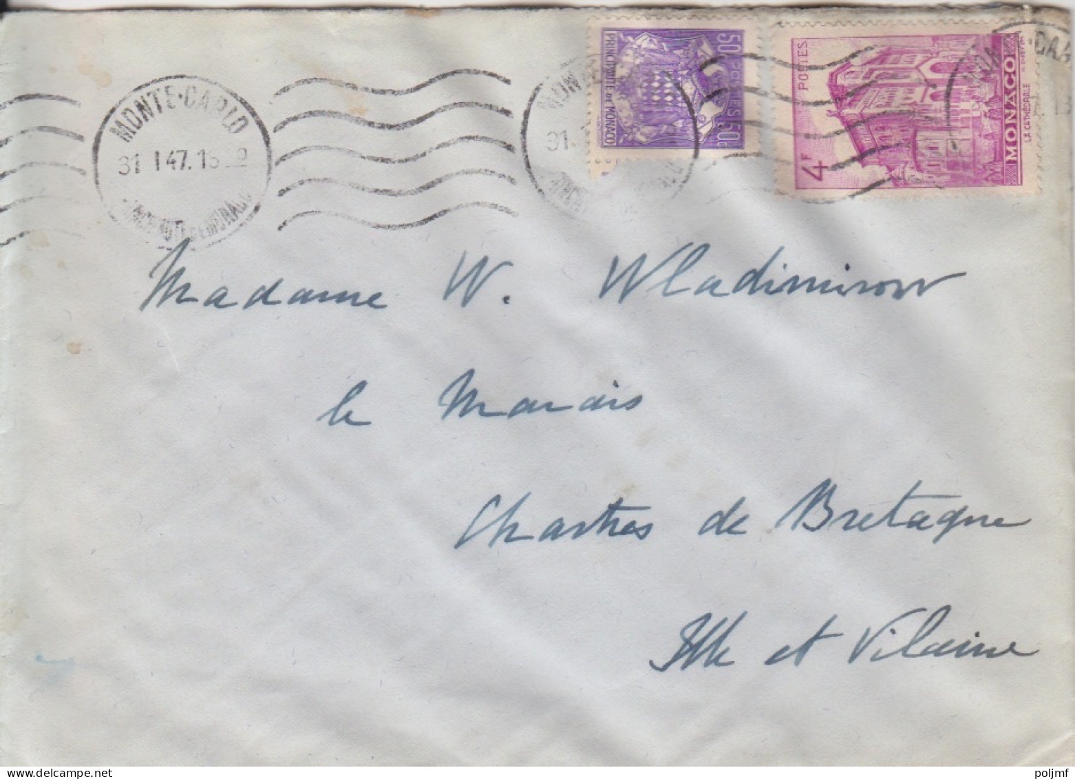 Lettre Obl. Monte Carlo Le 31 I 47 Sur 50c Armoiries Et 4F N° 252, 278 Pour Chartres - Lettres & Documents