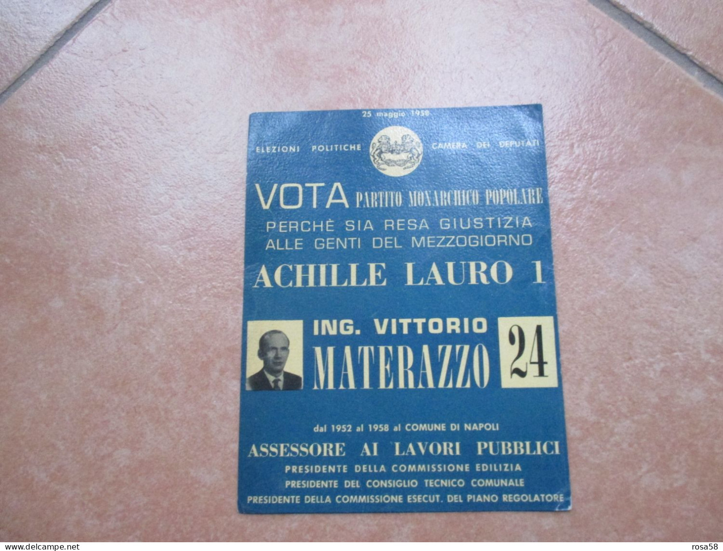 25 Maggio 1958 PARTITO MONARCHICO POPOLARE Ing.Vittorio Materazzo Già Assessore Comune Di Napoli - Politieke Partijen & Verkiezingen