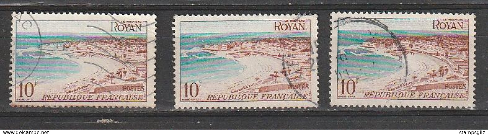 France Royan YT 978 Varietés Sur 3 Timbres ,ville Bleu Sur Le Premier (sans L De Piel)et Grosse Vague De Brun Sur Le 3em - Usati