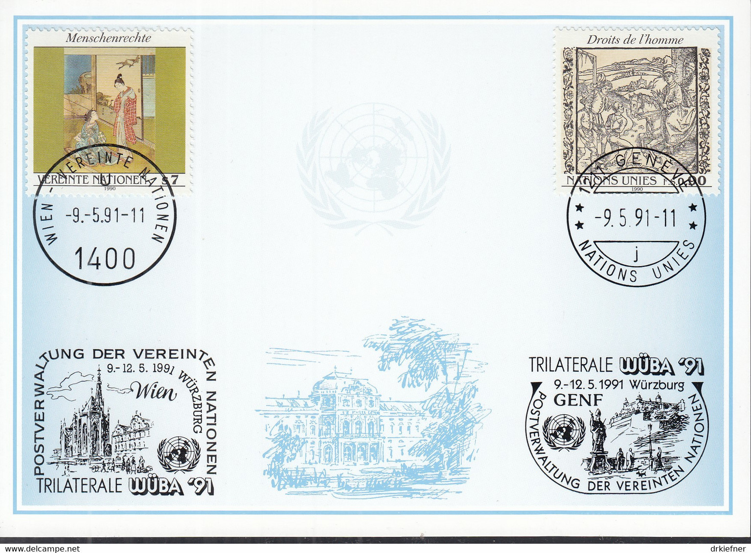 UNO GENF Blaue Karte 214, Mit SoSt. Wien Und Genf, Würzburg Trilaterale 9.5.1991 - Storia Postale