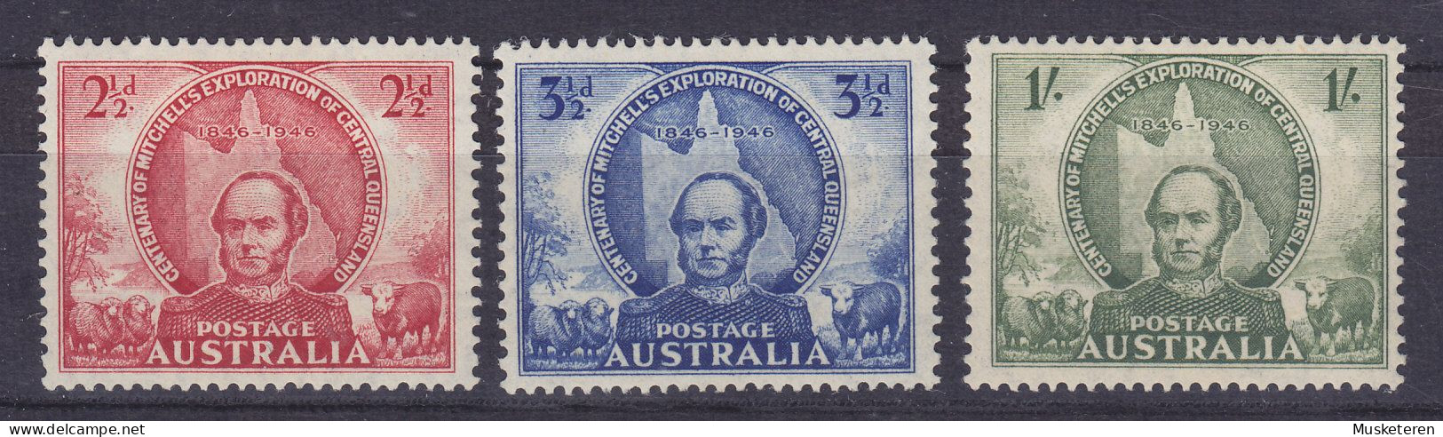 Australia 1946 Mi. 176-78, Thomas Mitchell & Map Landkarte Complete Set, MH* - Ongebruikt