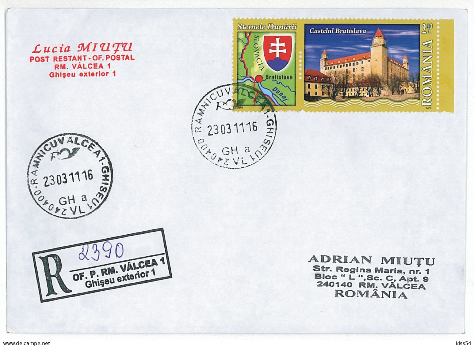 NCP 29 - ( 2390-a ) Romania-Slovakia - Castle BRATISLAVA - Registered, Stamp With Vignette - 2011 - Sonstige & Ohne Zuordnung