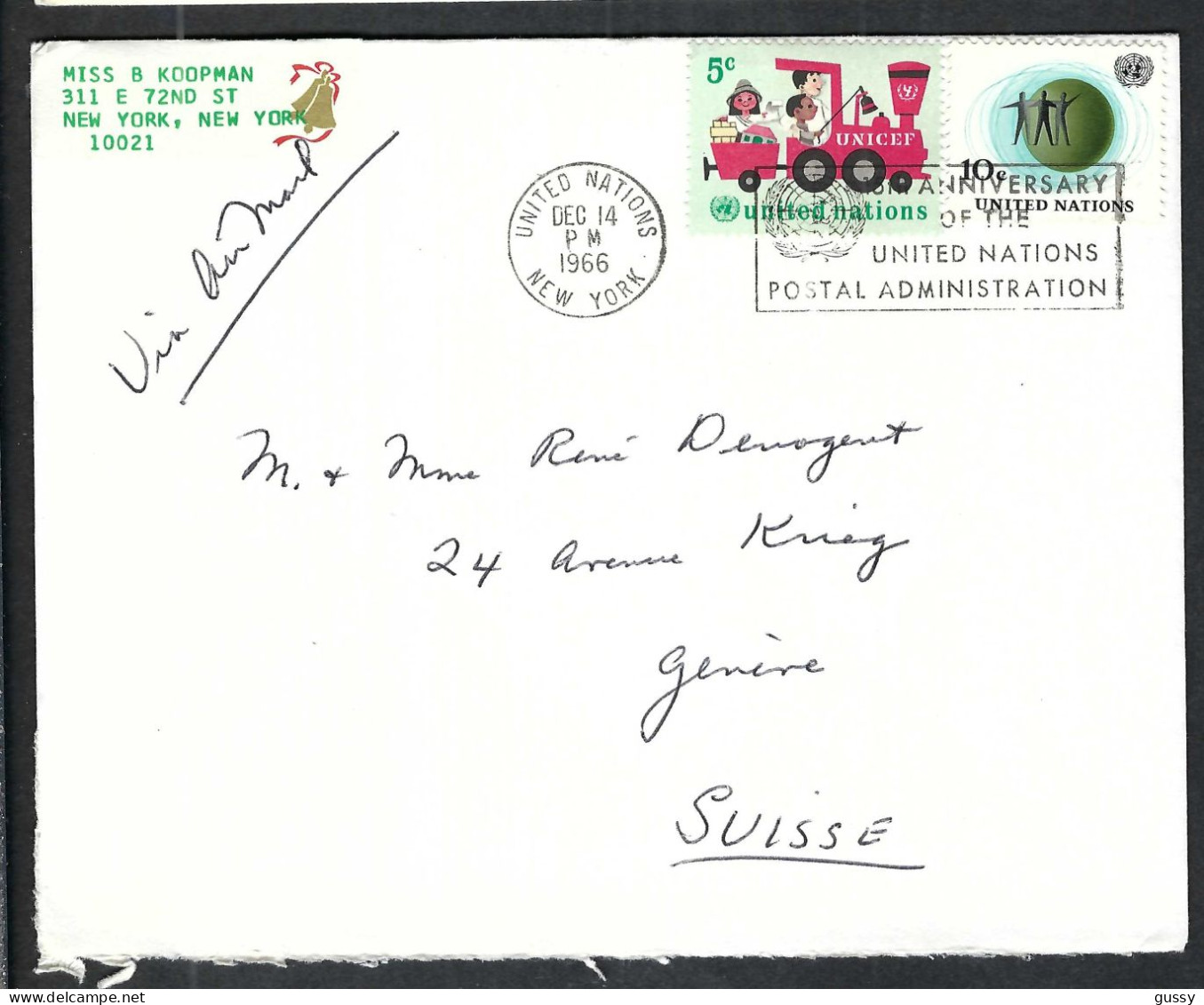 NATIONS UNIES Ca.1966: LSC De New York à Genève (Suisse) - Lettres & Documents