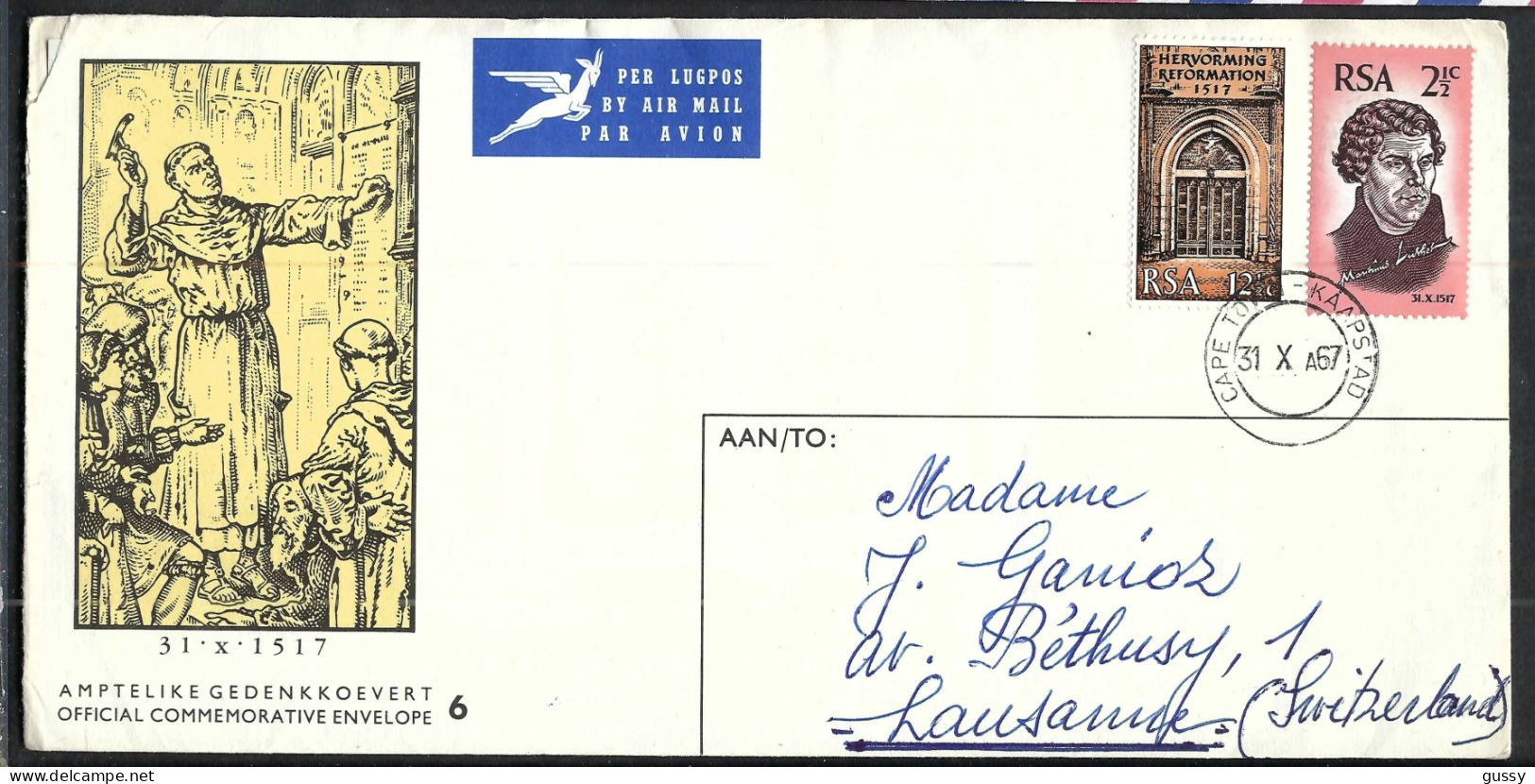 UNION SUD-AFRICAINE Ca.1968: LSC De CAPE TOWN à Lausanne (Suisse) - Covers & Documents