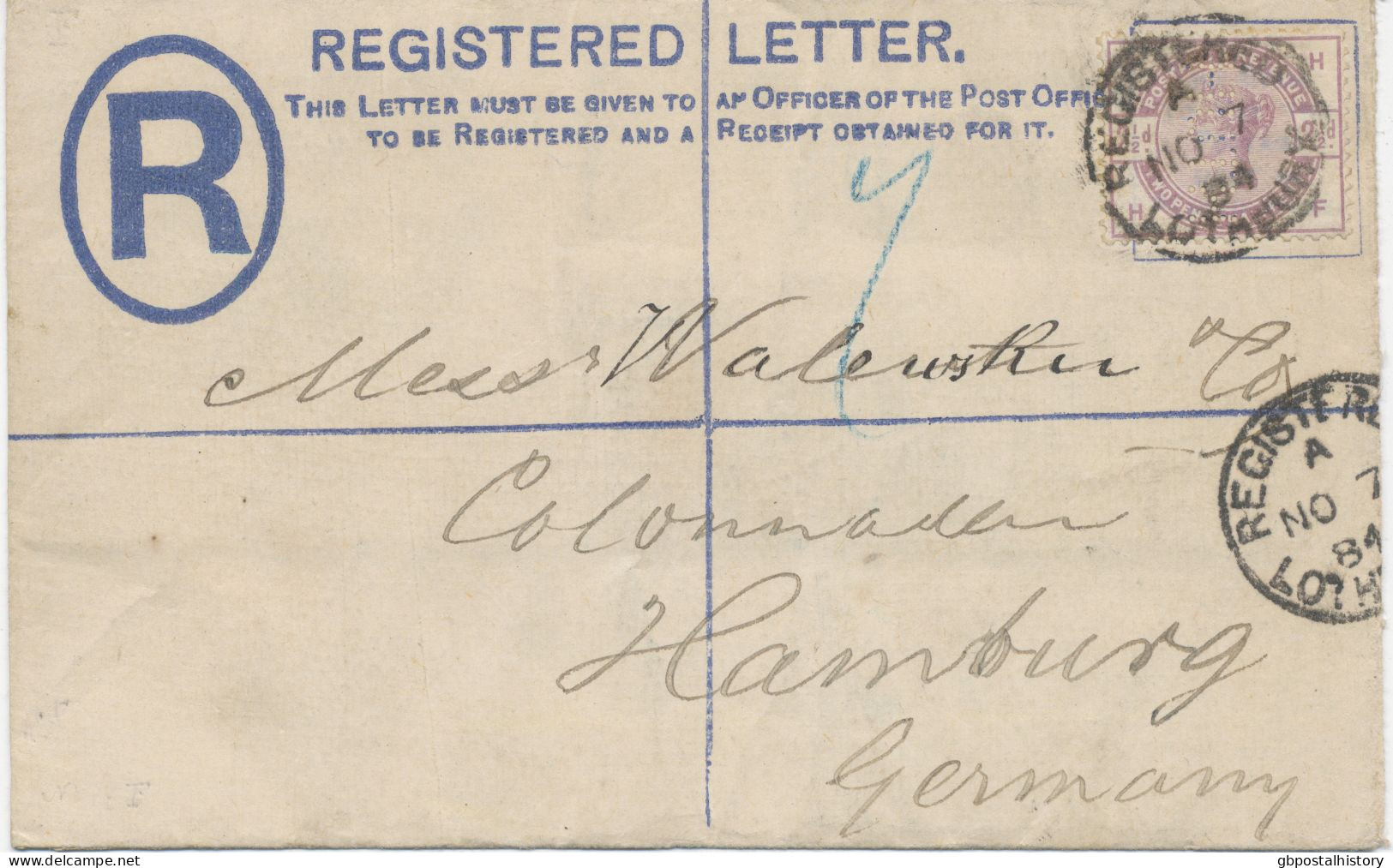 GB 1884 VFU QV 2d Postal Stationery Registered Env Uprated With QV 2 1/2d Lilac (HF - Perfin Vertical: H.I. O.H.) Tied B - Briefe U. Dokumente