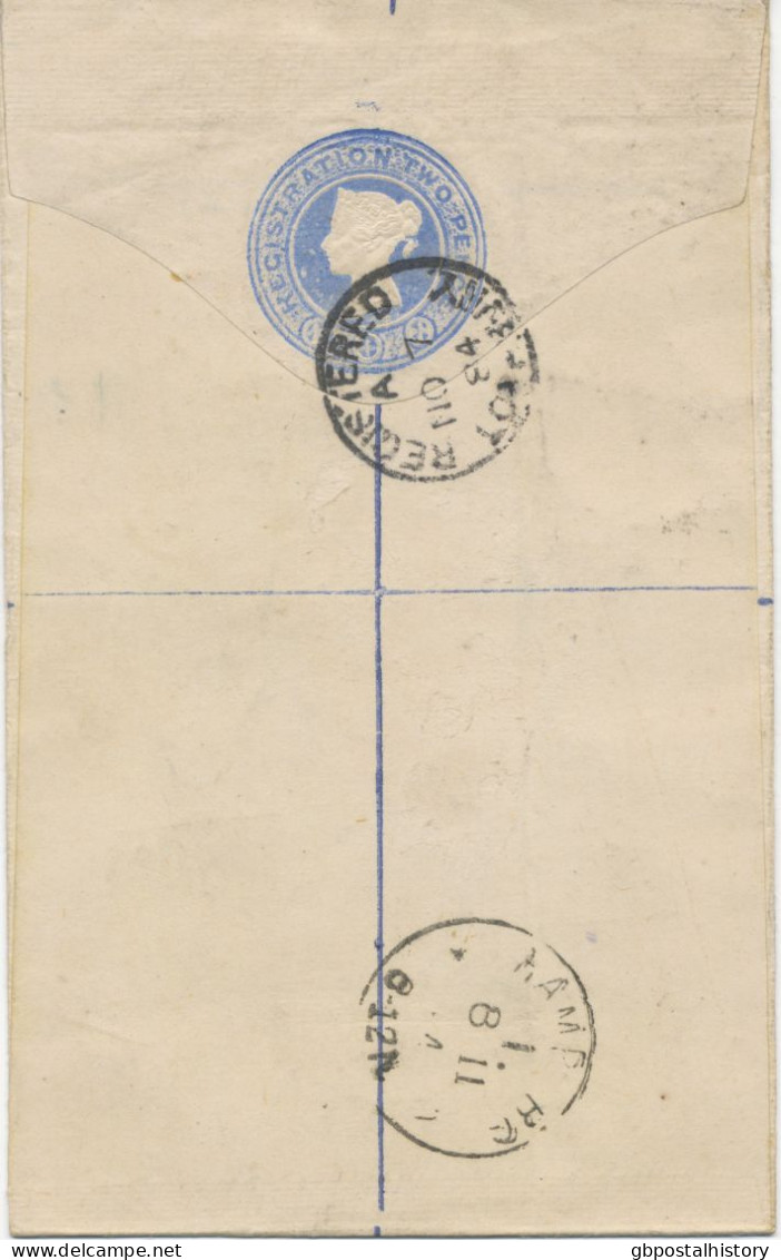 GB 1884 VFU QV 2d Postal Stationery Registered Env Uprated With QV 2 1/2d Lilac (HF - Perfin Vertical: H.I. O.H.) Tied B - Briefe U. Dokumente