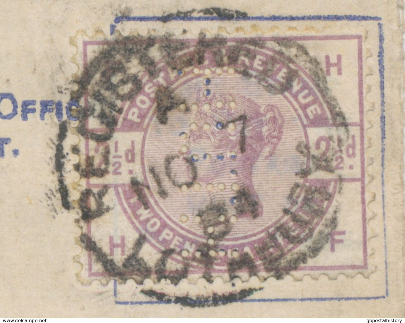 GB 1884 VFU QV 2d Postal Stationery Registered Env Uprated With QV 2 1/2d Lilac (HF - Perfin Vertical: H.I. O.H.) Tied B - Lettres & Documents
