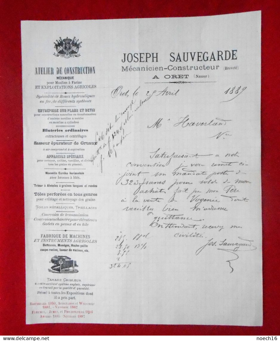 Courrier 1889, Atelier De Construction Mécanique Joseph Sauvegarde à Oret, Mettet - 1800 – 1899