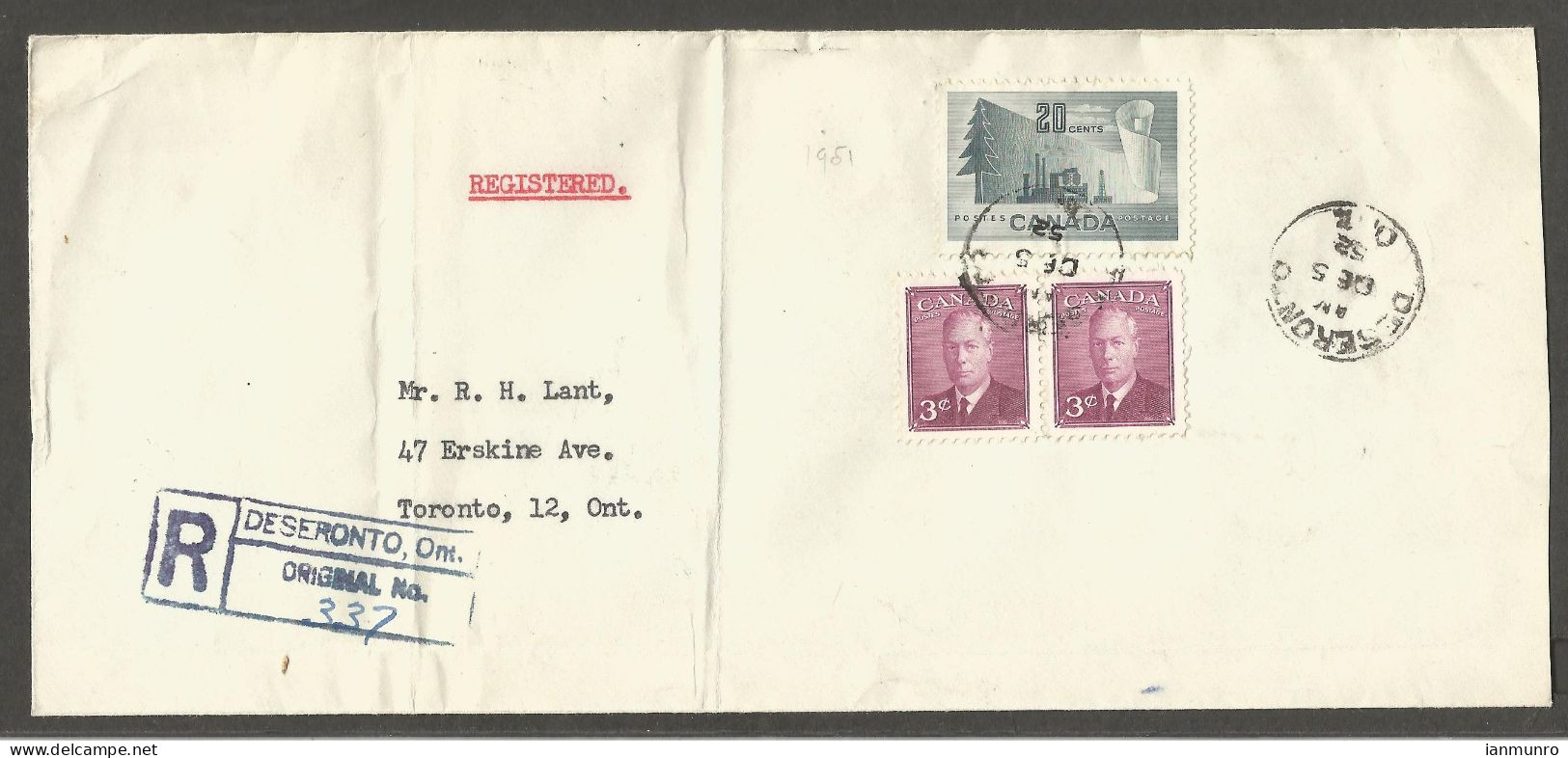 1952 Registered Cover 26c Forestry/Postes RPO CDS Deseronto Ont To Toronto Ontario - Histoire Postale