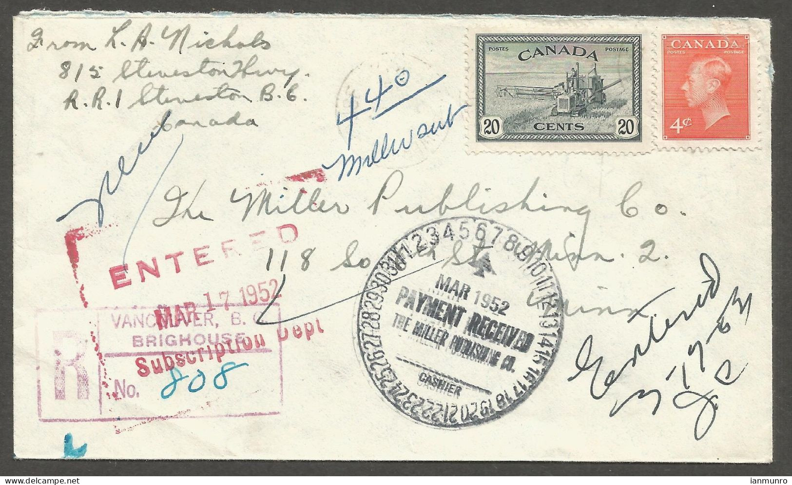 1952 Registered Cover 24c Peace/GVI CDS Vancouver Brighouse BC To USA - Historia Postale
