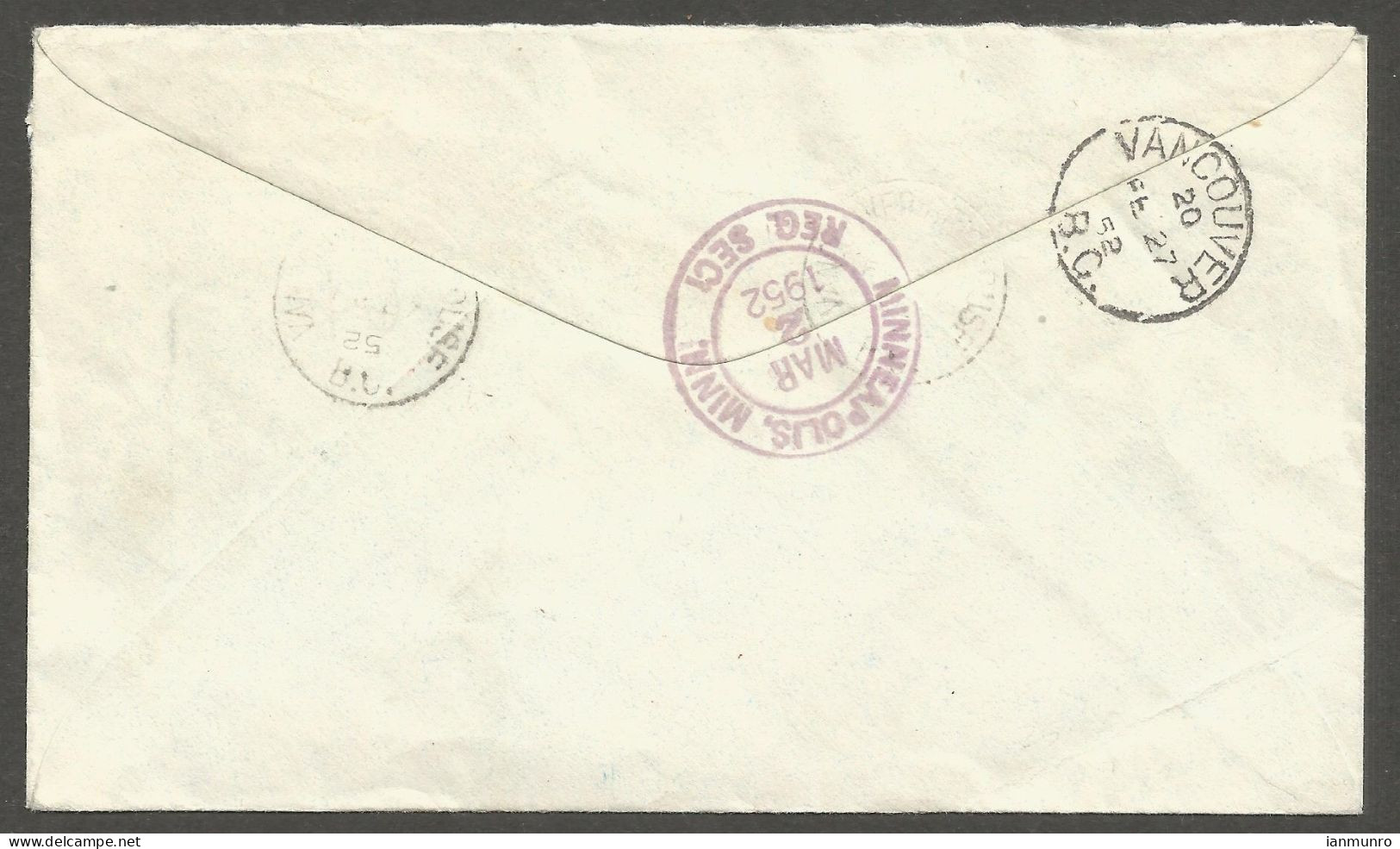 1952 Registered Cover 24c Peace/GVI CDS Vancouver Brighouse BC To USA - Histoire Postale