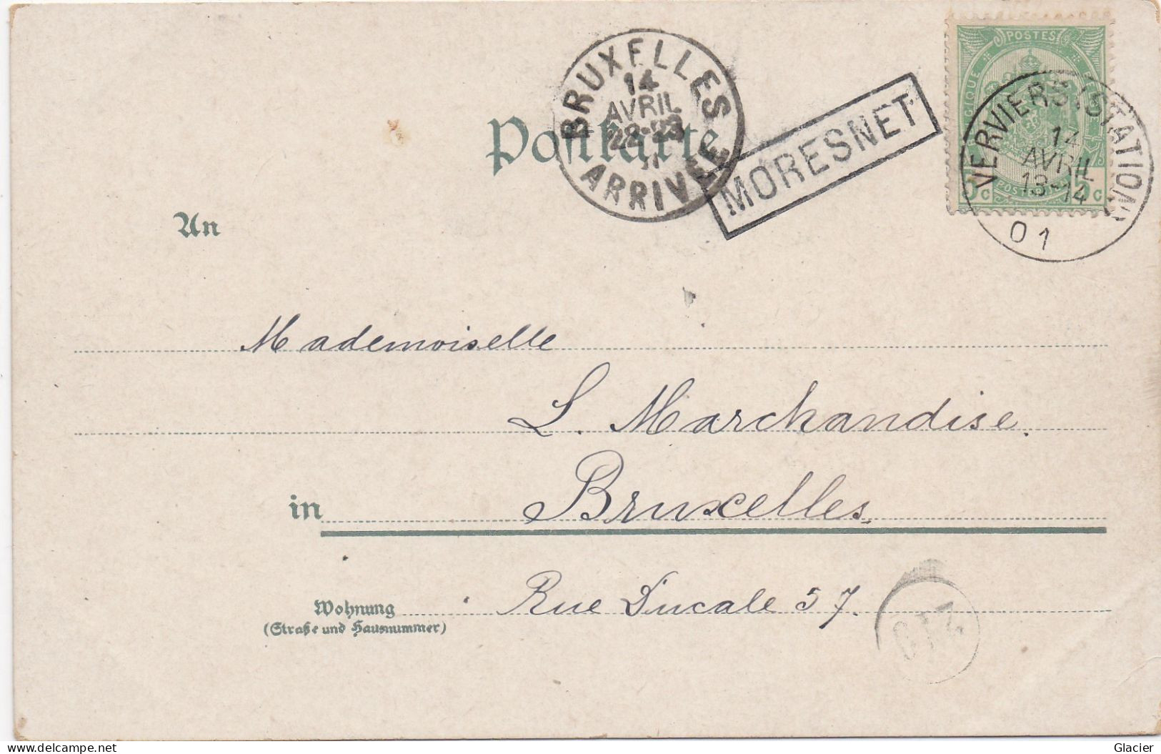 N°83 Sur CP Expédié De Verviers (1901)  Vers Bruxelles + Griffe à L'origine MORESNET - Sur Cpa Aachen - Oblitérations à Barres: Ambulants & Rurales