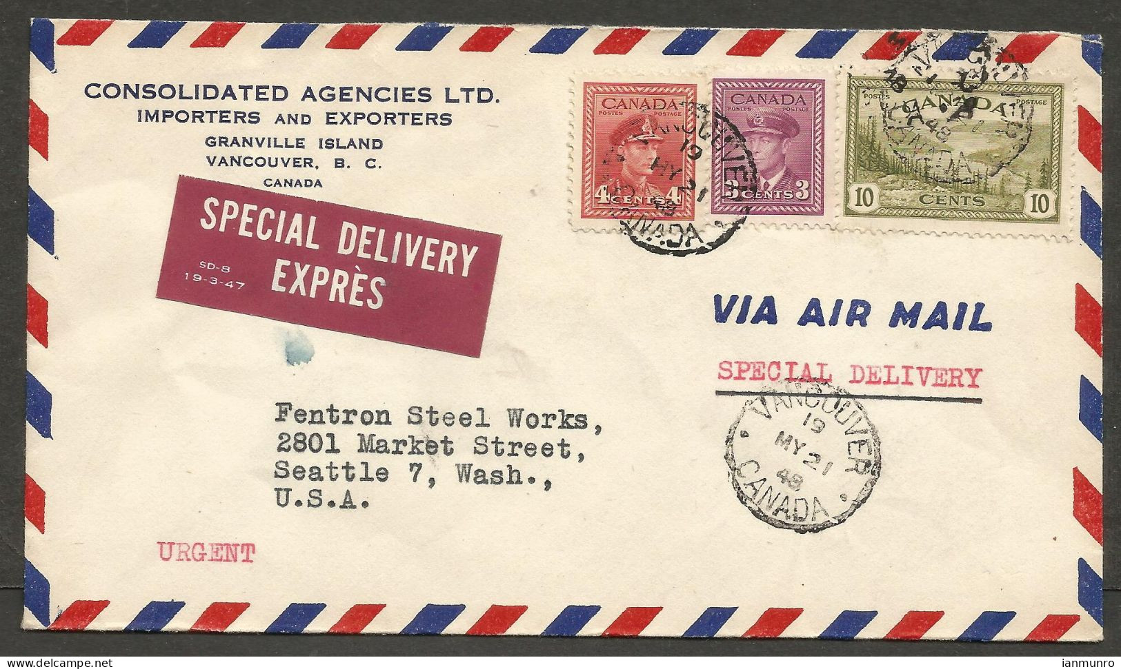 1948 Special Delivery Airmail Cover 17c War/Peace CDS Vancouver BC Importers Corner Card - Histoire Postale