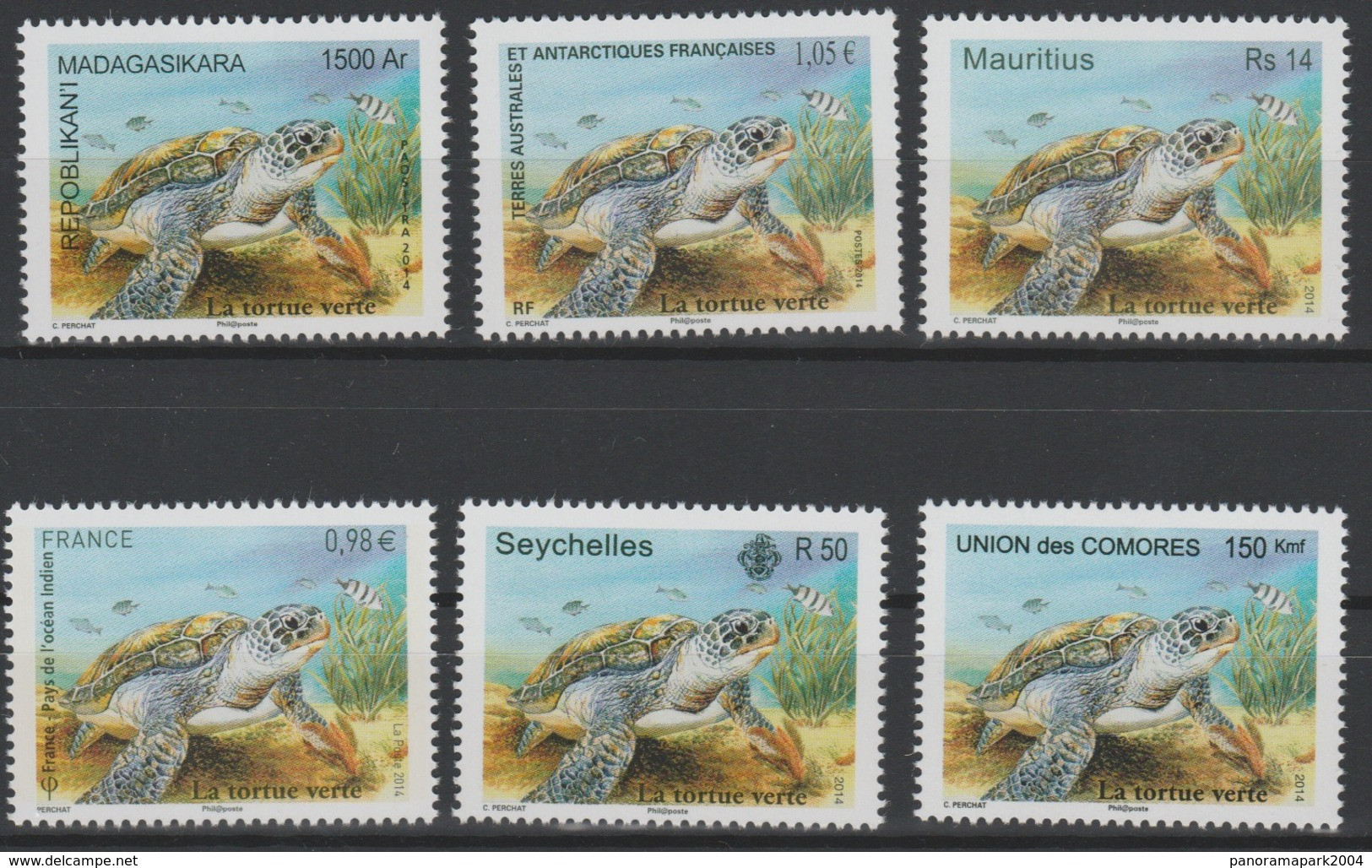La Tortue Verte Green Turtle Schildkröte 2014 Joint Issue Faune Fauna Madagascar Seychelles France Comores MNH 6 Val. ** - Isole Comore (1975-...)