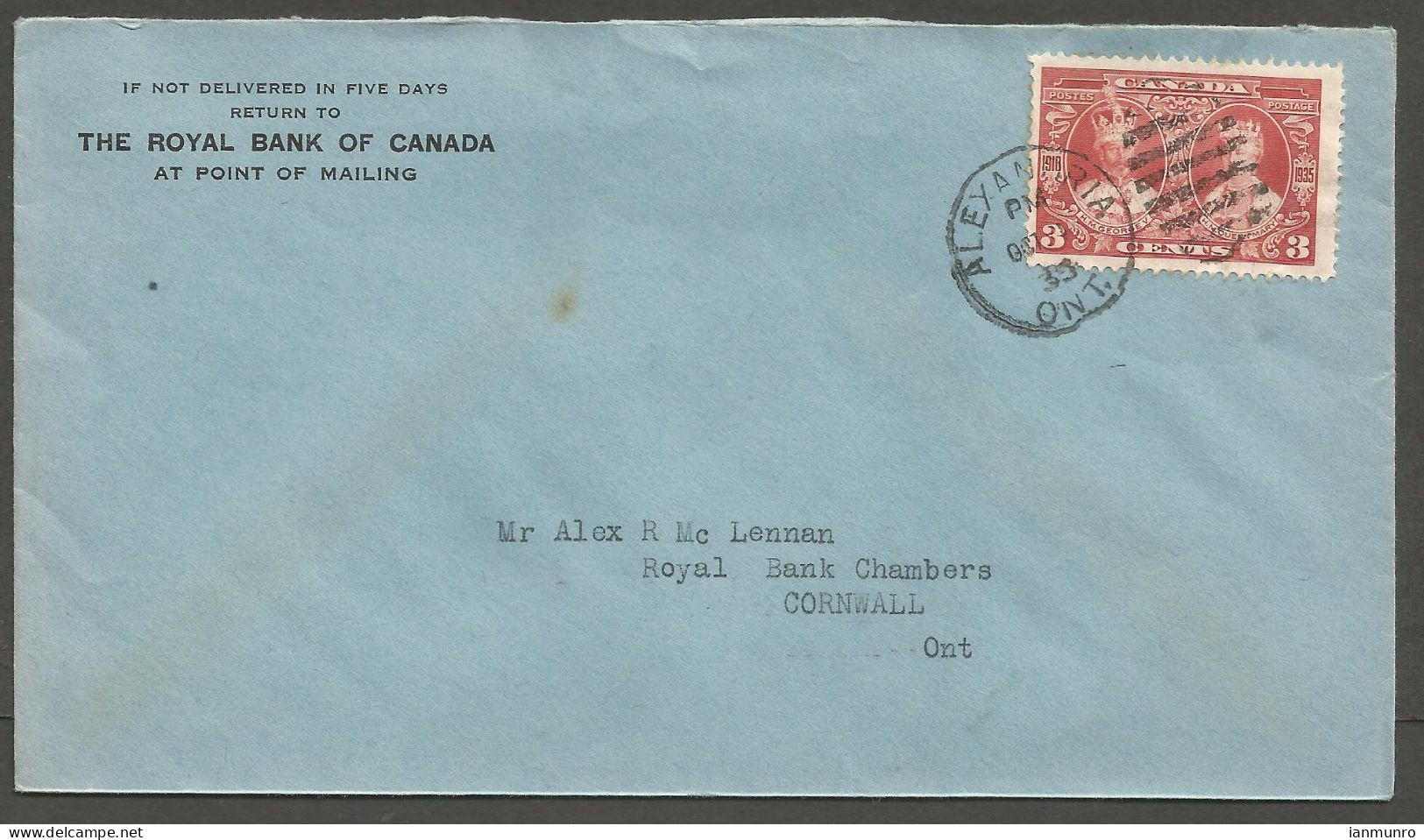 1935 Royal Bank Corner Card Cover 3c Silver Jubilee Duplex Alexandria Ontario - Storia Postale