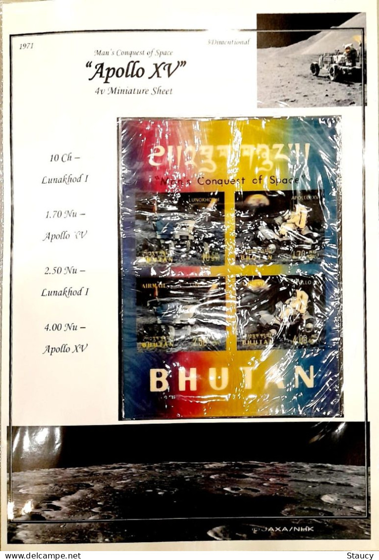 BHUTAN 1971 COLLECTION Of 3d APOLLO XV Brochure + 2v SET+ Souvenir Sheet + 2 Off FDC's + Agency SS FDC + Rare Surcharge - Sammlungen