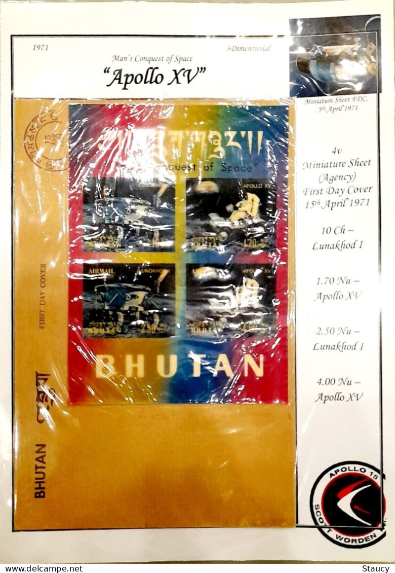 BHUTAN 1971 COLLECTION of 3d APOLLO XV Brochure + 2v SET+ Souvenir Sheet + 2 off FDC's + agency SS FDC + Rare Surcharge