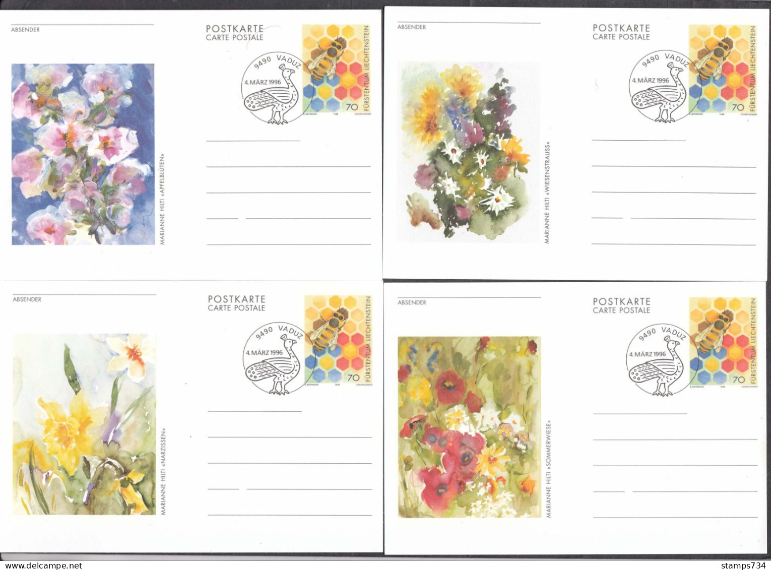 Liechtenstein 1996 - Bee, Flowers: Painting Of Marianne Hilti, 4 Post. Stationery With Spec. Cancelation - Stamped Stationery
