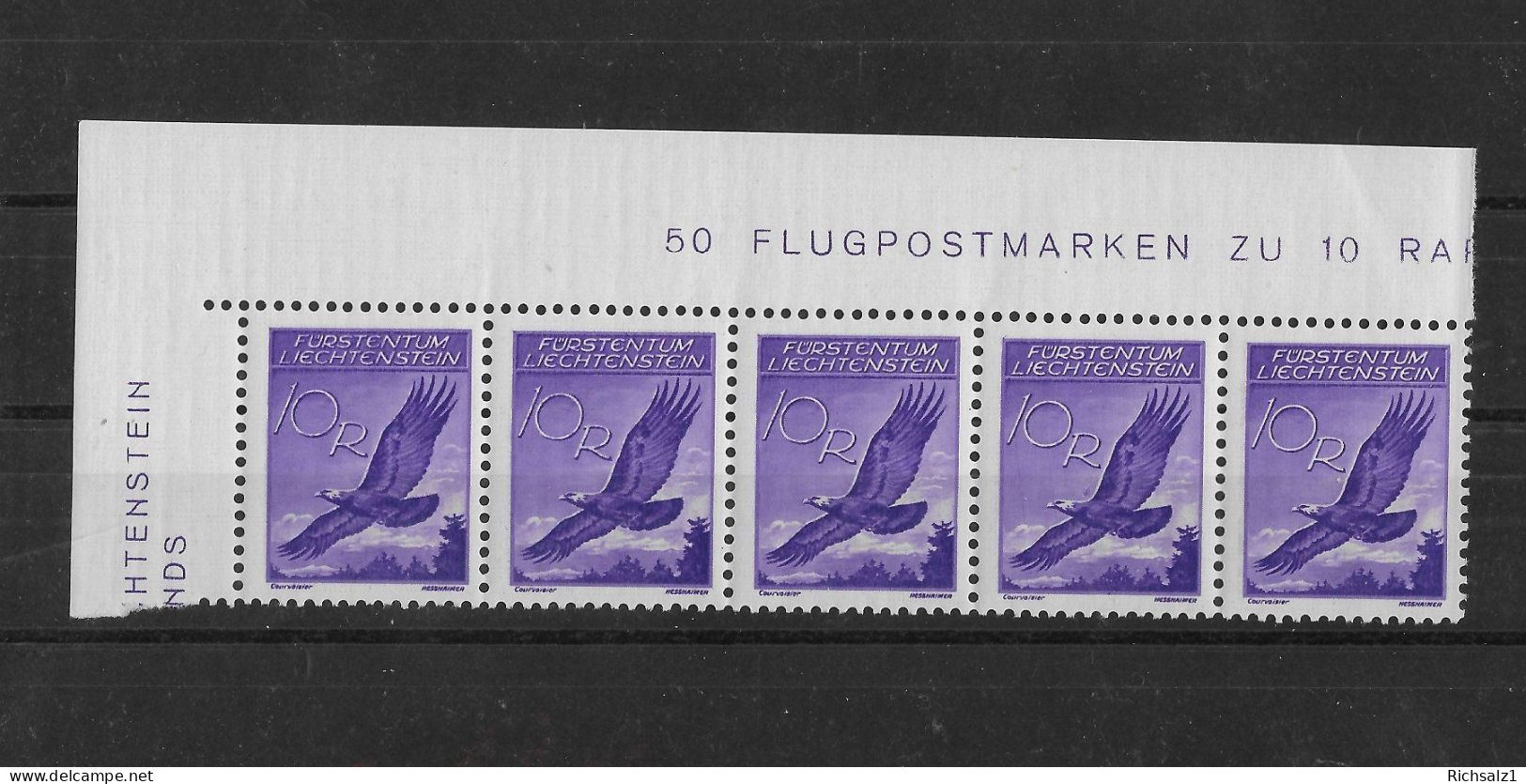 FL,Flugpost F9z 5er Streifen**, 4.Marke Ret. über Dem Hals. Kat.240.-+ - Aéreo