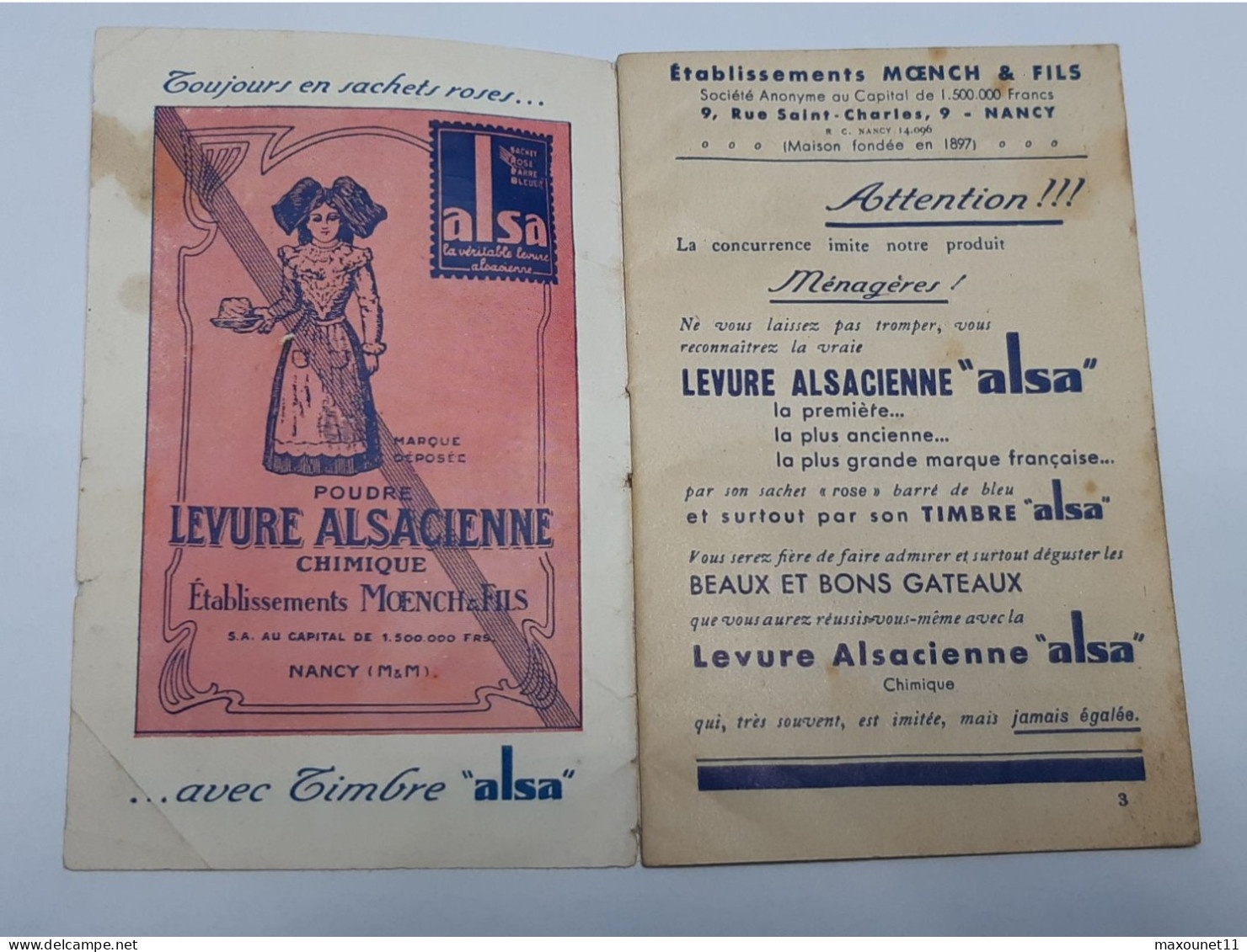 Alsace - Dépliant Publicitaire De Recettes Avec Produits Alsa  , Levure , Sucre , Etc .. Lot10 . - ....-1949