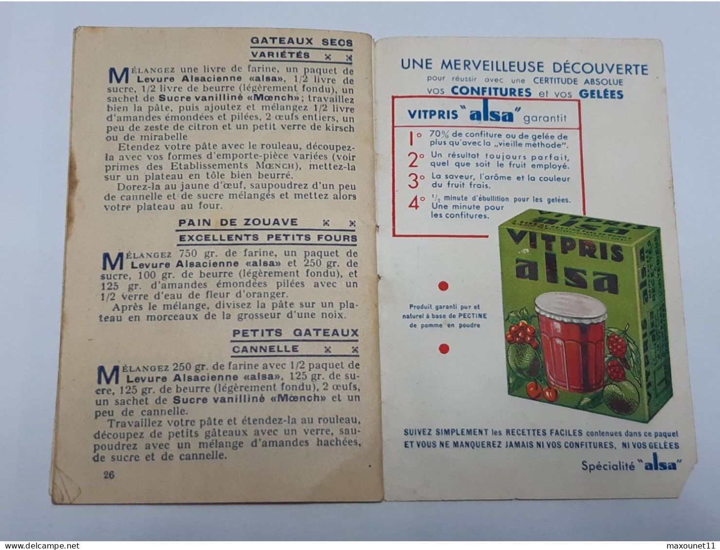 Alsace - Dépliant Publicitaire De Recettes Avec Produits Alsa  , Levure , Sucre , Etc .. Lot10 . - ....-1949