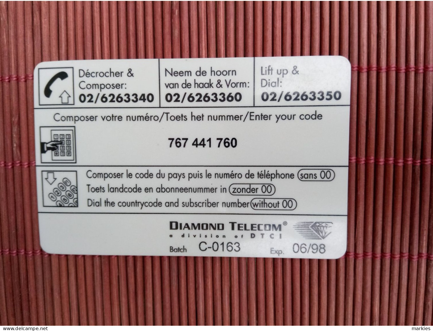 Diamond Telecom 250 BEF  Used 2 Photos Used Rare - Cartes GSM, Recharges & Prépayées